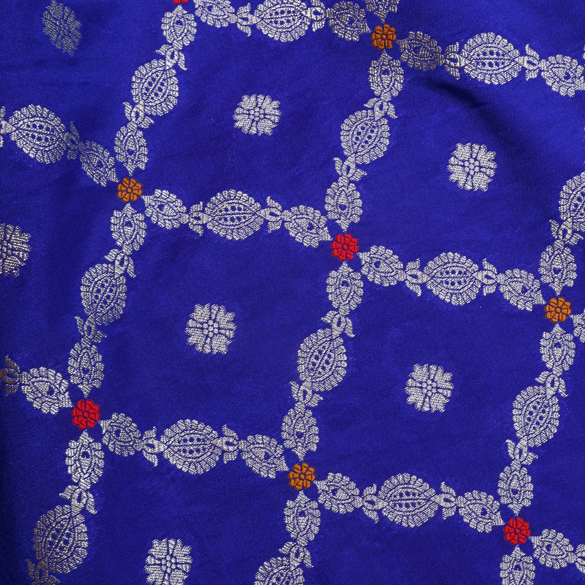 Dark Blue Silver Zari Checked Jamawar Silk Fabric