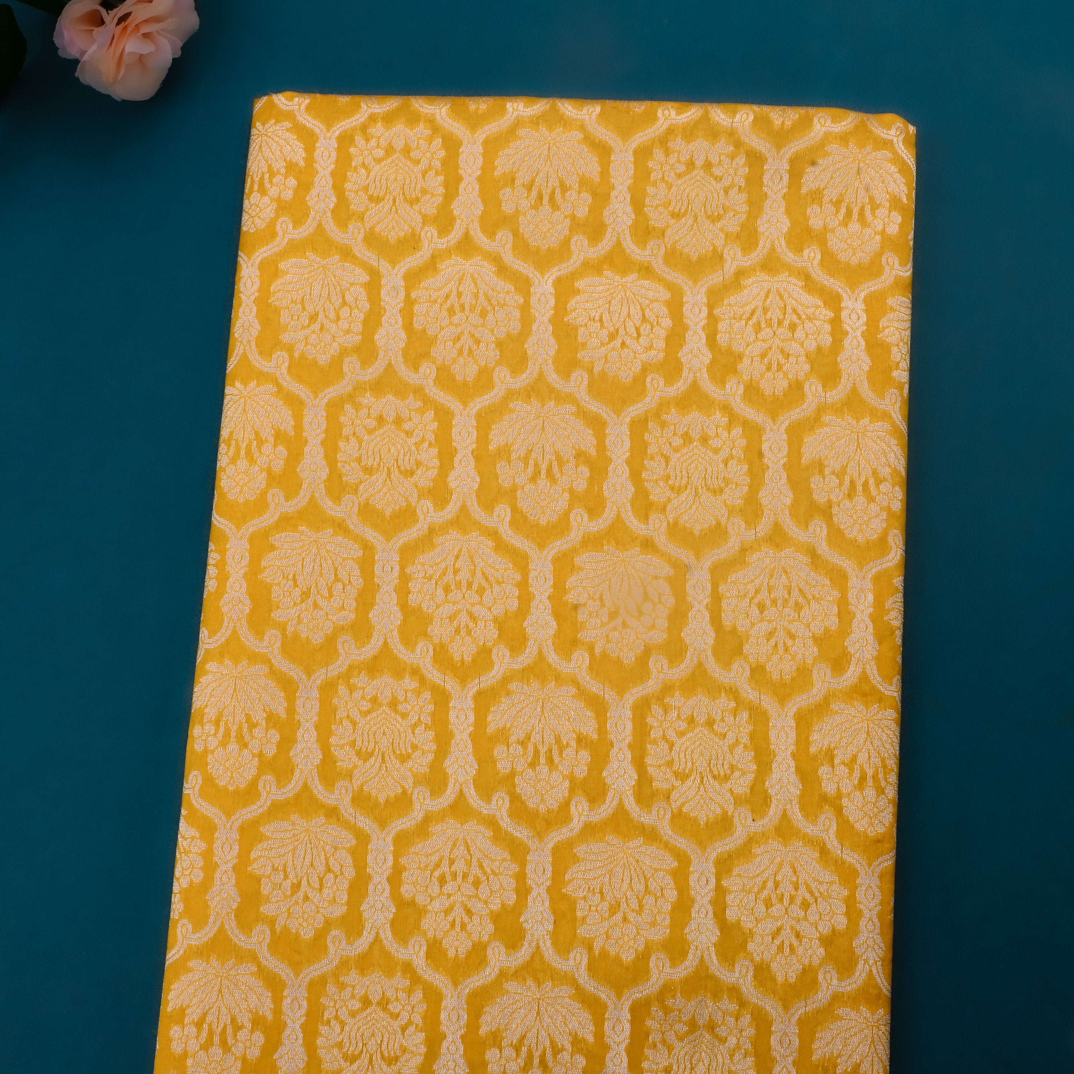 Saffron Yellow Jamawar Silk Fabric With Hexagon Design