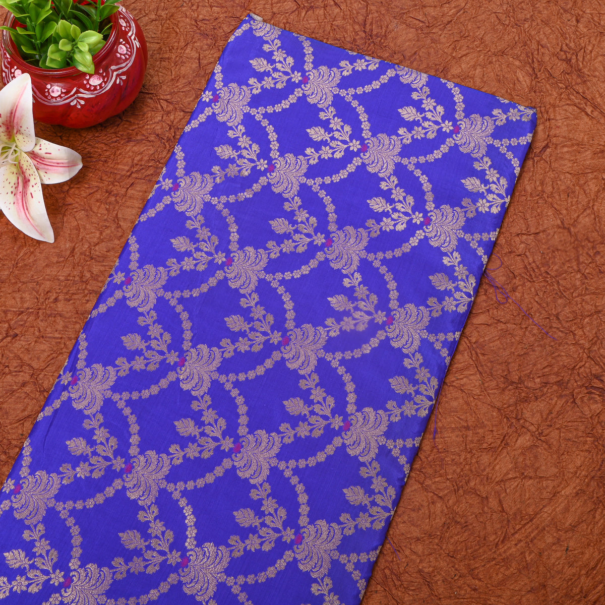 Royal Blue Jamawar Silk With Silver Brocade Trellis