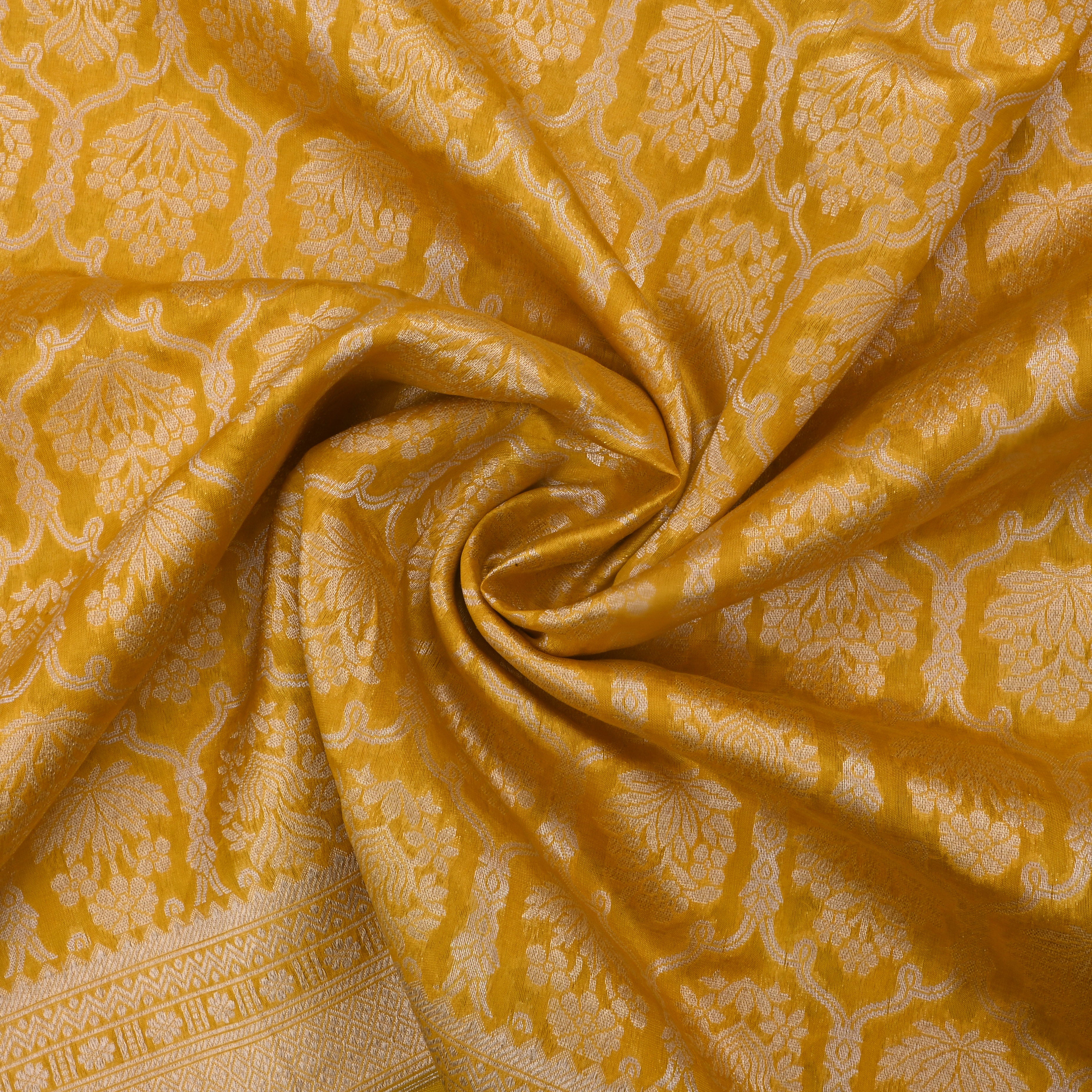 Saffron Yellow Jamawar Silk Fabric With Hexagon Design