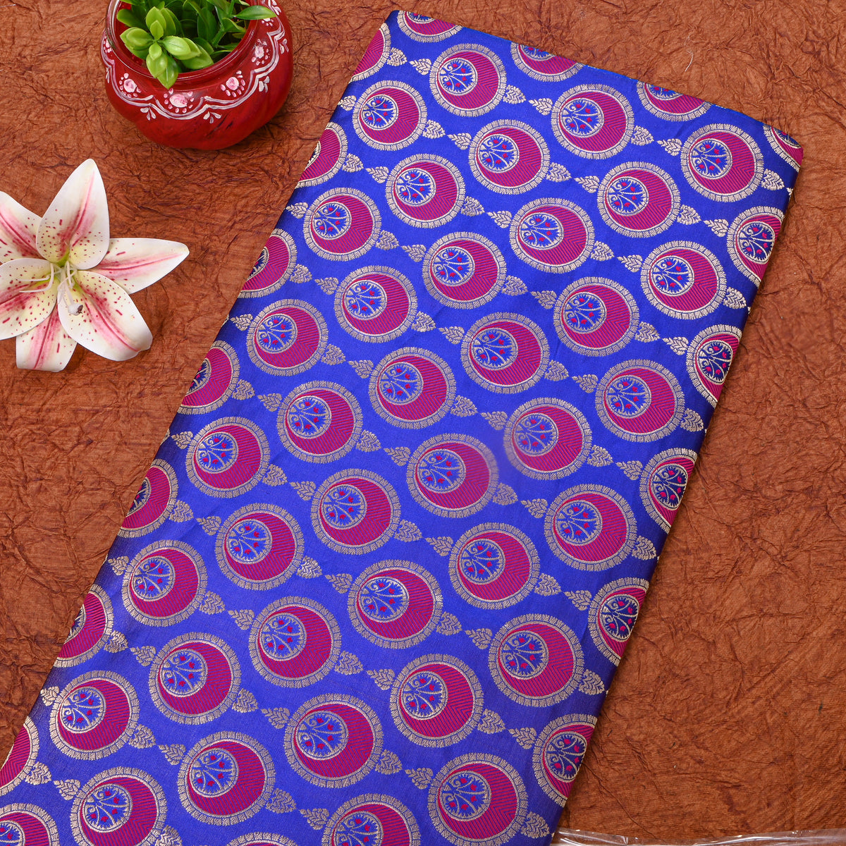 Ink Blue Medallion Self Weave Jamawar Silk Fabric