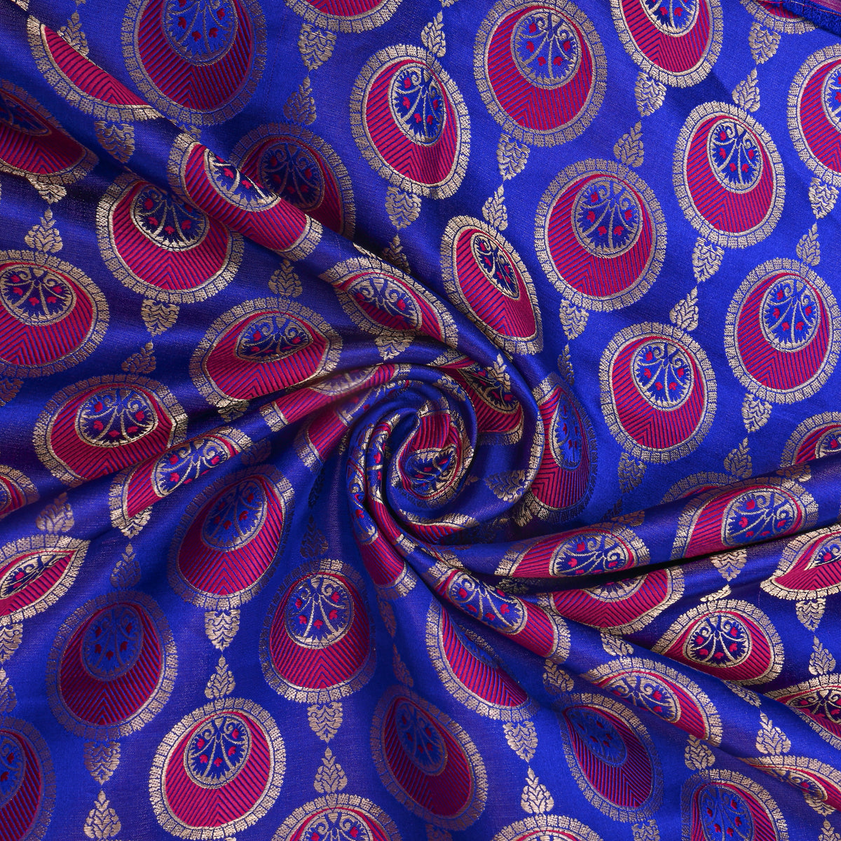 Ink Blue Medallion Self Weave Jamawar Silk Fabric