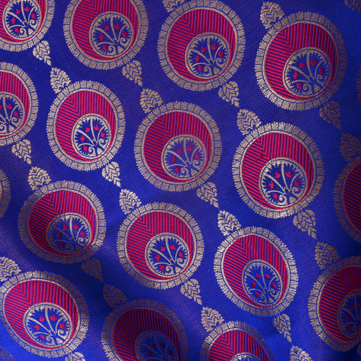 Ink Blue Medallion Self Weave Jamawar Silk Fabric