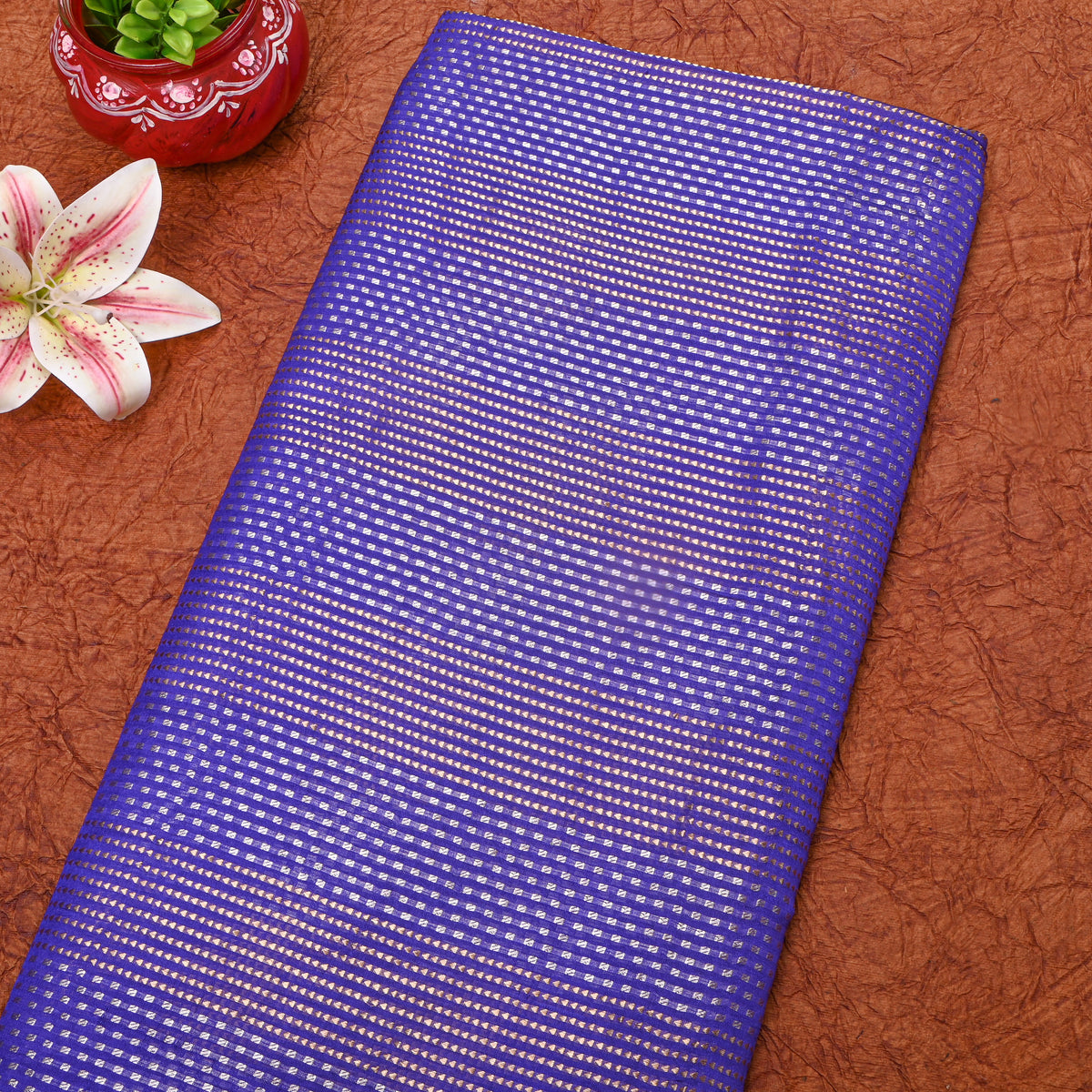 Cobalt Blue Gold Zari Woven Jamawar Silk Fabric