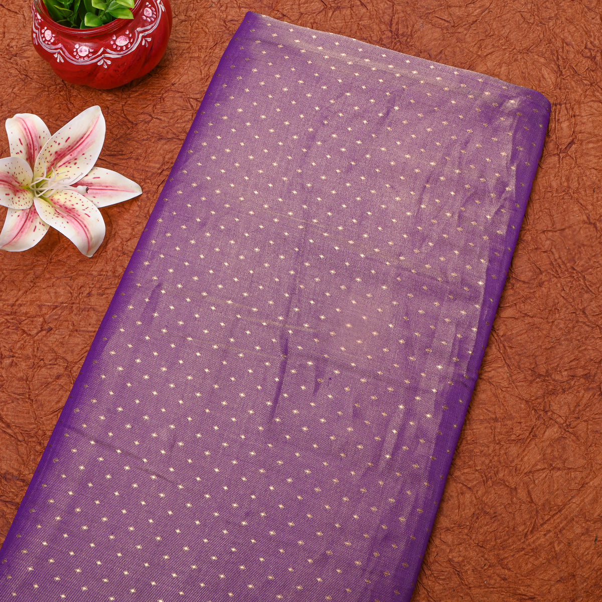 Amethyst Purple Gold Zari Butti Self Weave Jamawar Silk Fabric