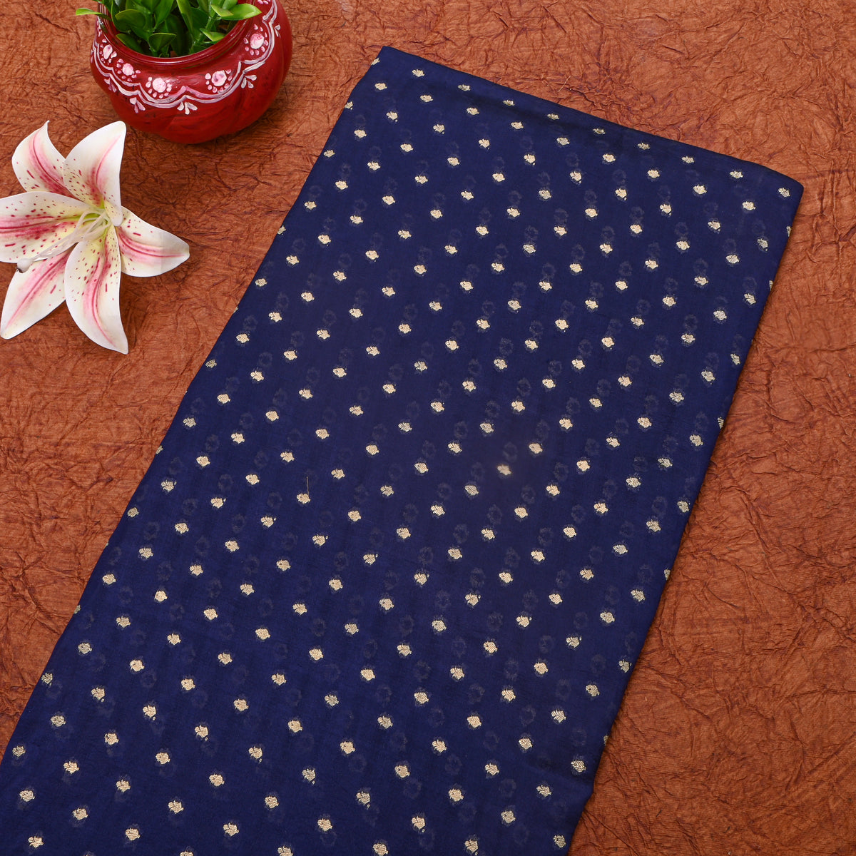 Navy Blue Gold Zari Butti Jamawar Organza Fabric