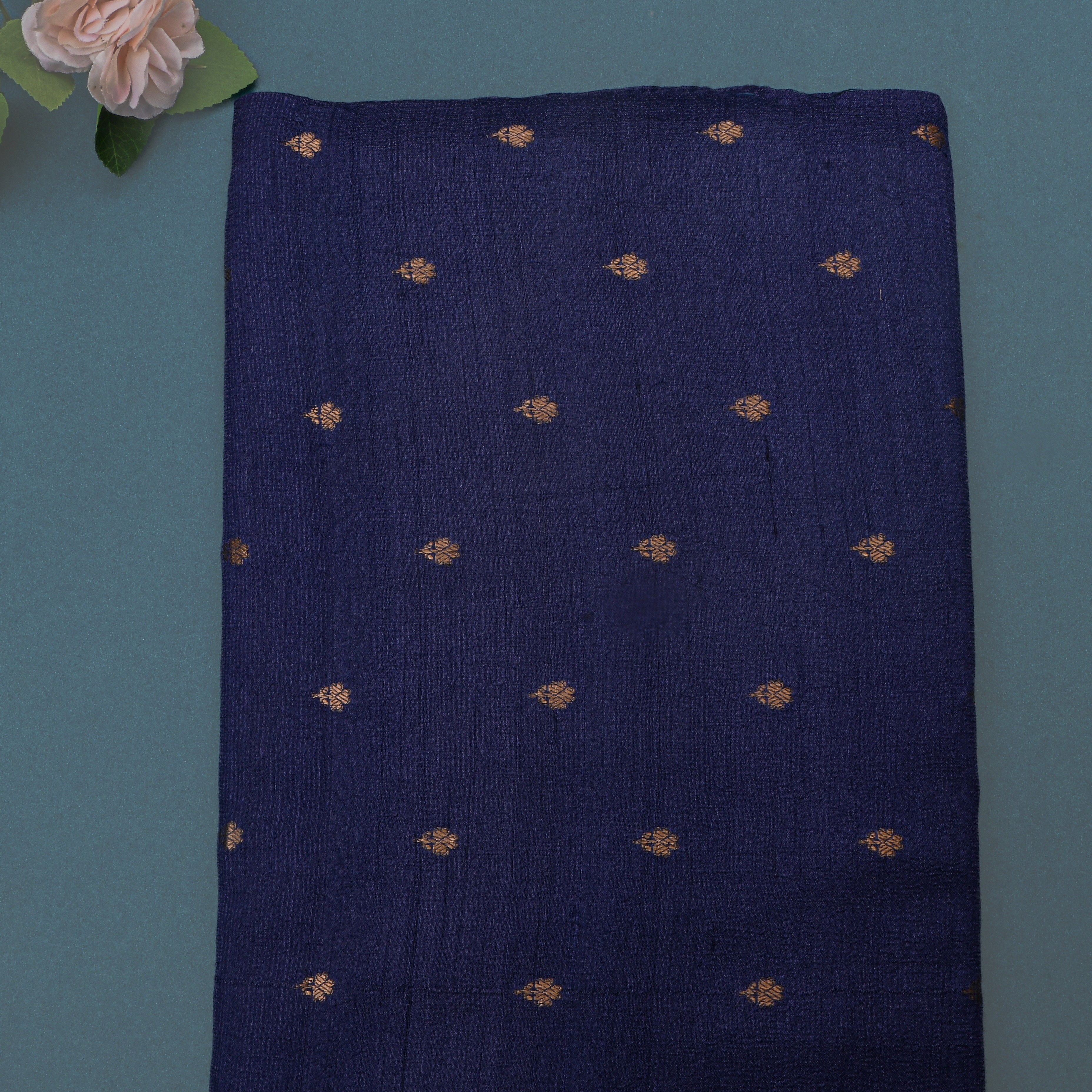 Stratos Blue Jamawar Tussar Fabric With Buttis