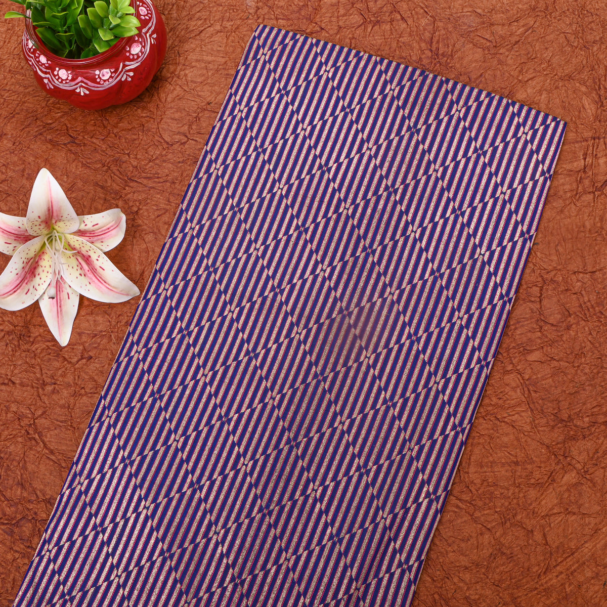 Blue Checks Illusion Stripes Jamawar Silk Fabric
