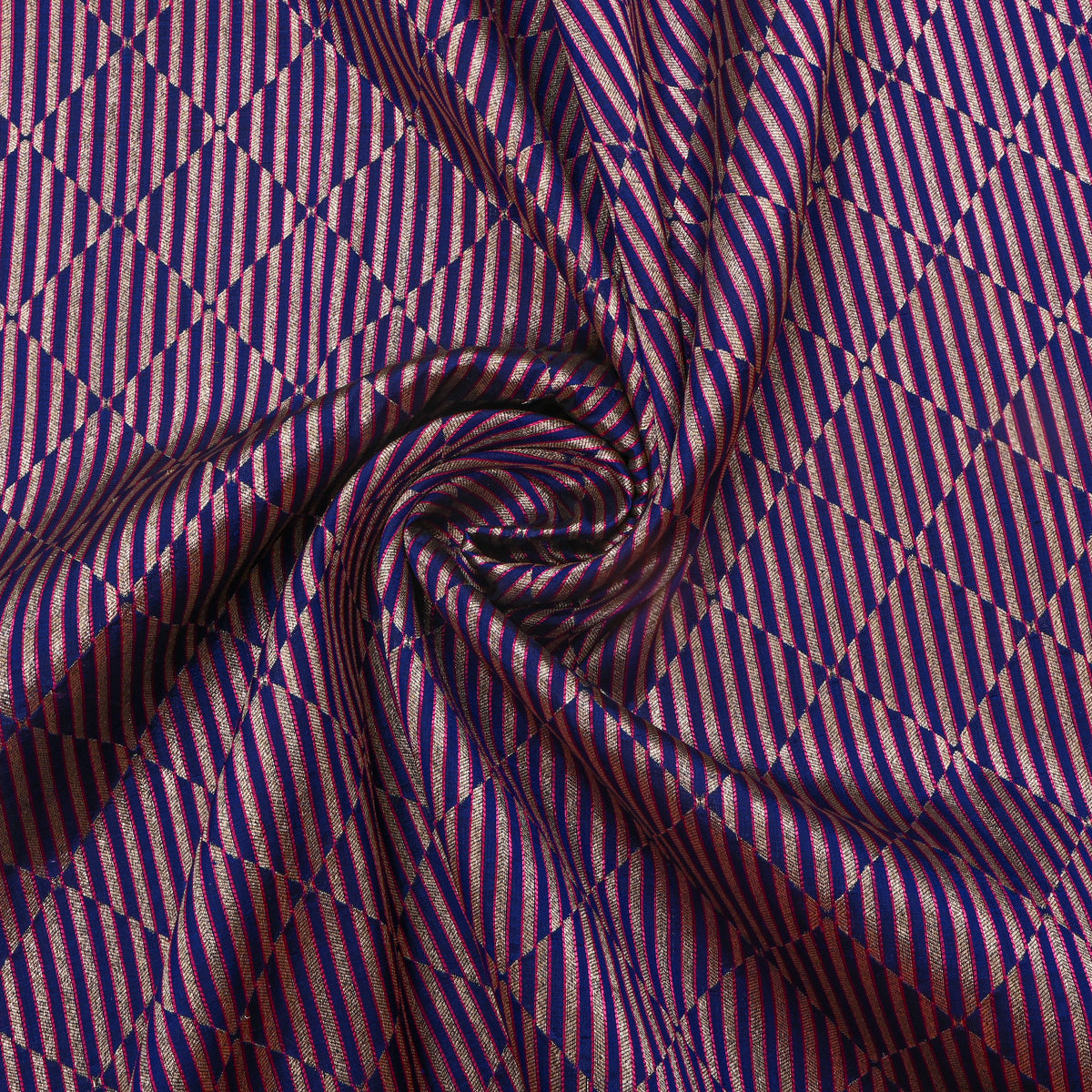 Blue Checks Illusion Stripes Jamawar Silk Fabric