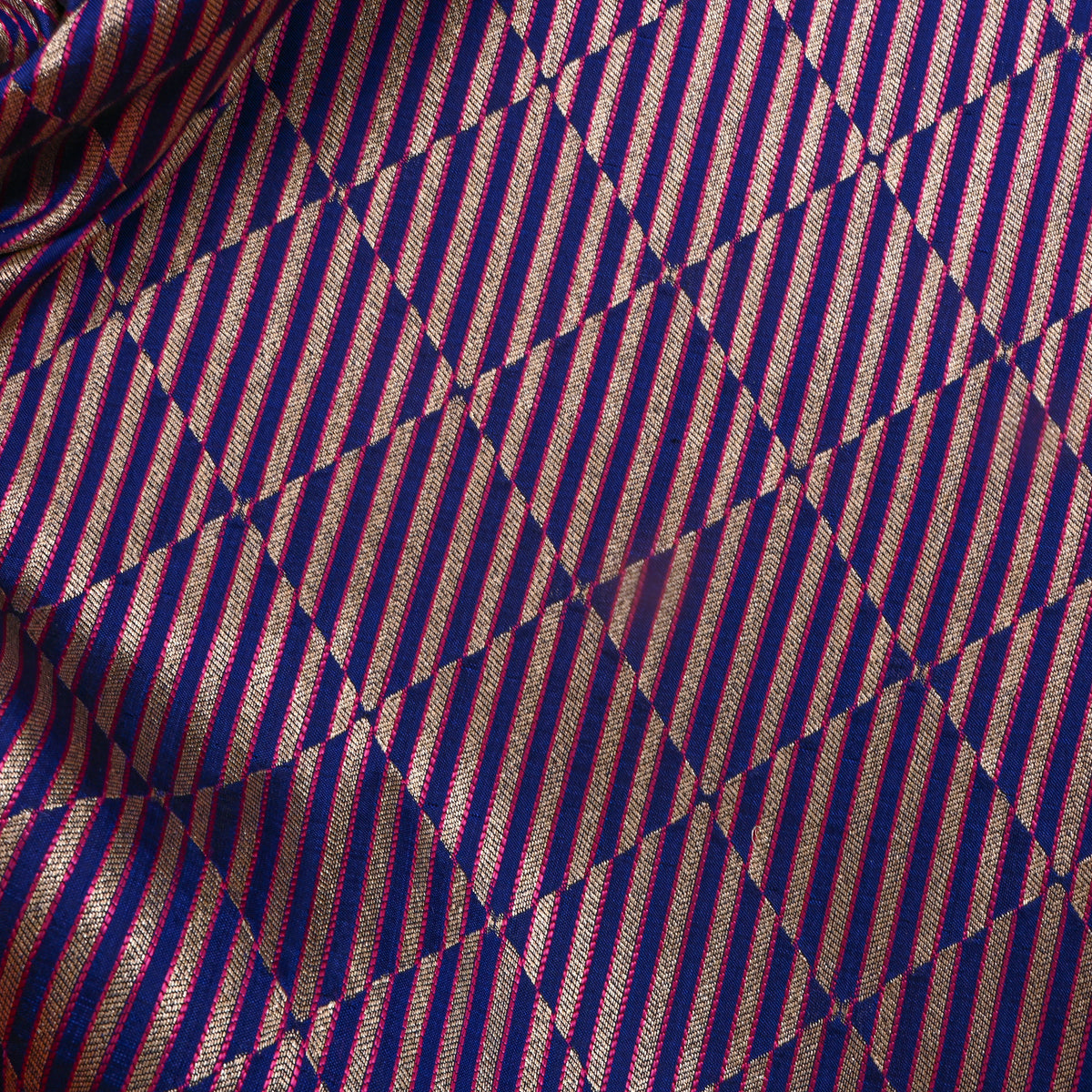 Blue Checks Illusion Stripes Jamawar Silk Fabric