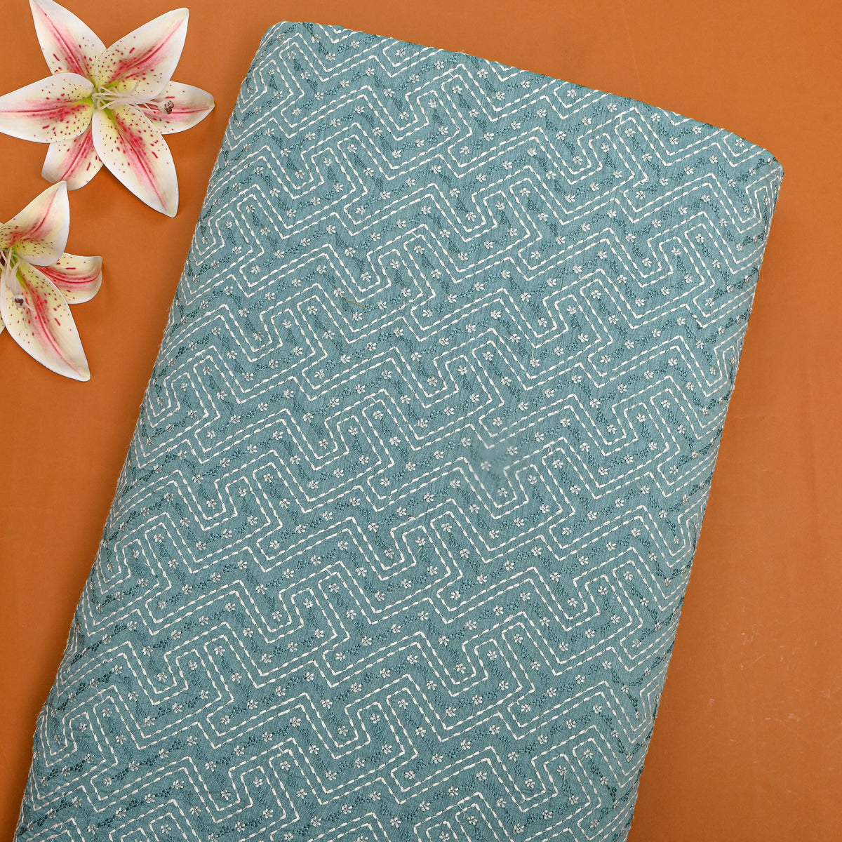 Denim Light Blue Geometric Thread Work Munga Tussar Fabric