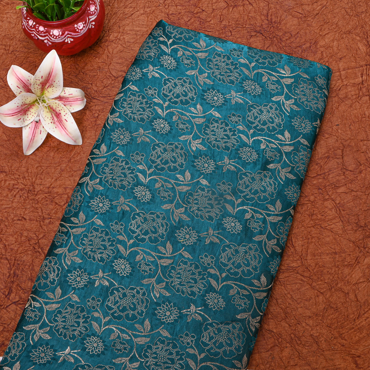 Teal Blue Gold Zari Floral Jaal Jamawar Silk Fabric