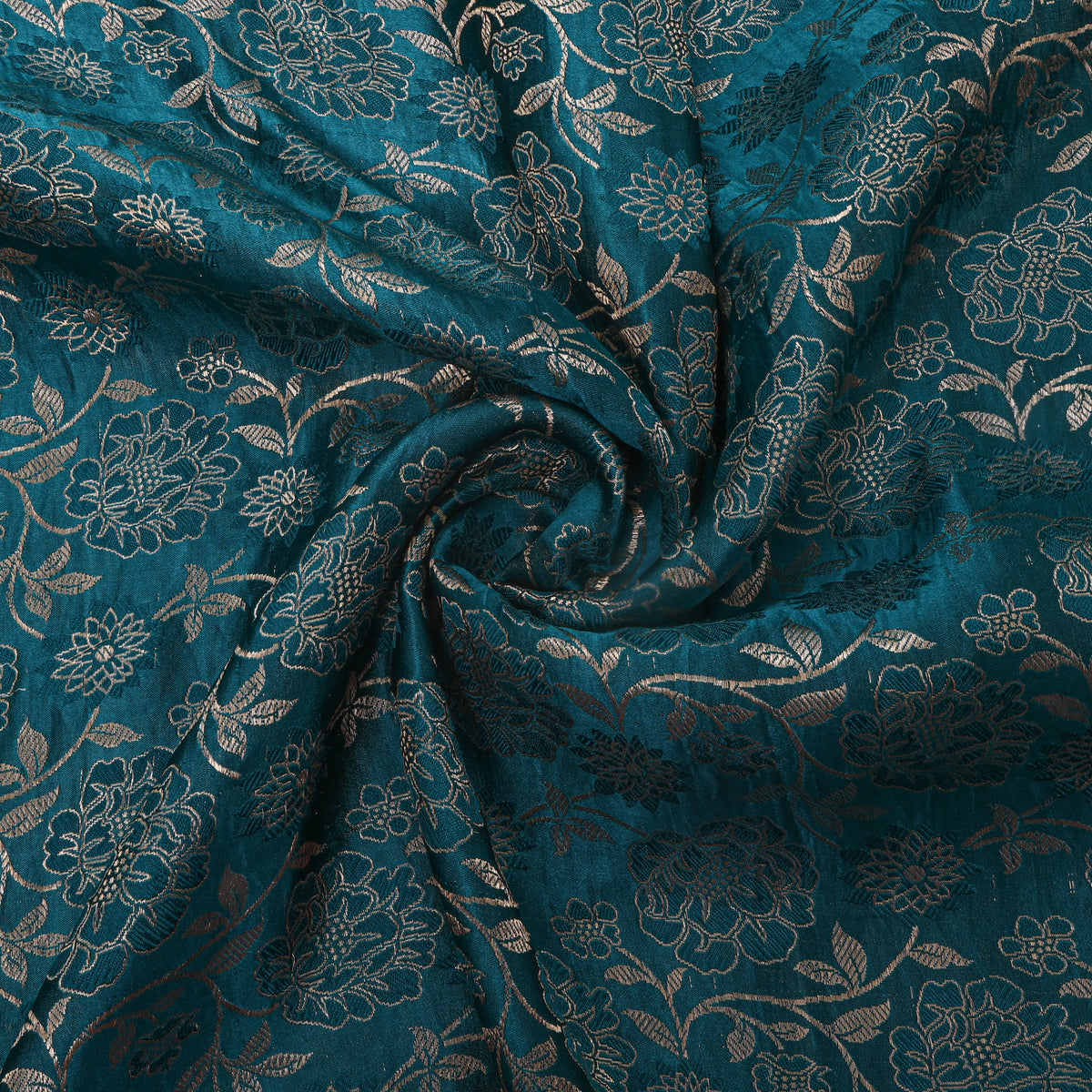 Teal Blue Gold Zari Floral Jaal Jamawar Silk Fabric