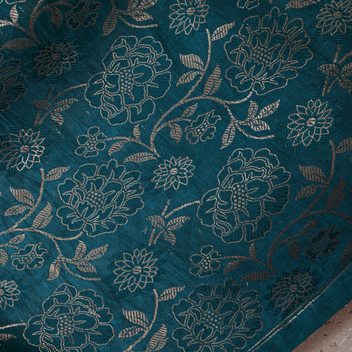 Teal Blue Gold Zari Floral Jaal Jamawar Silk Fabric