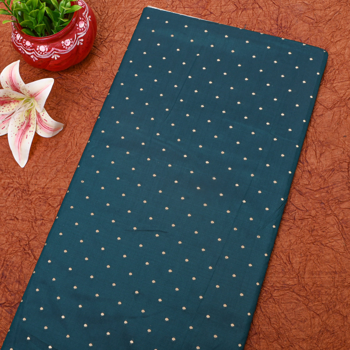Emerald Green Gold Zari Butti Jamawar Silk Fabric