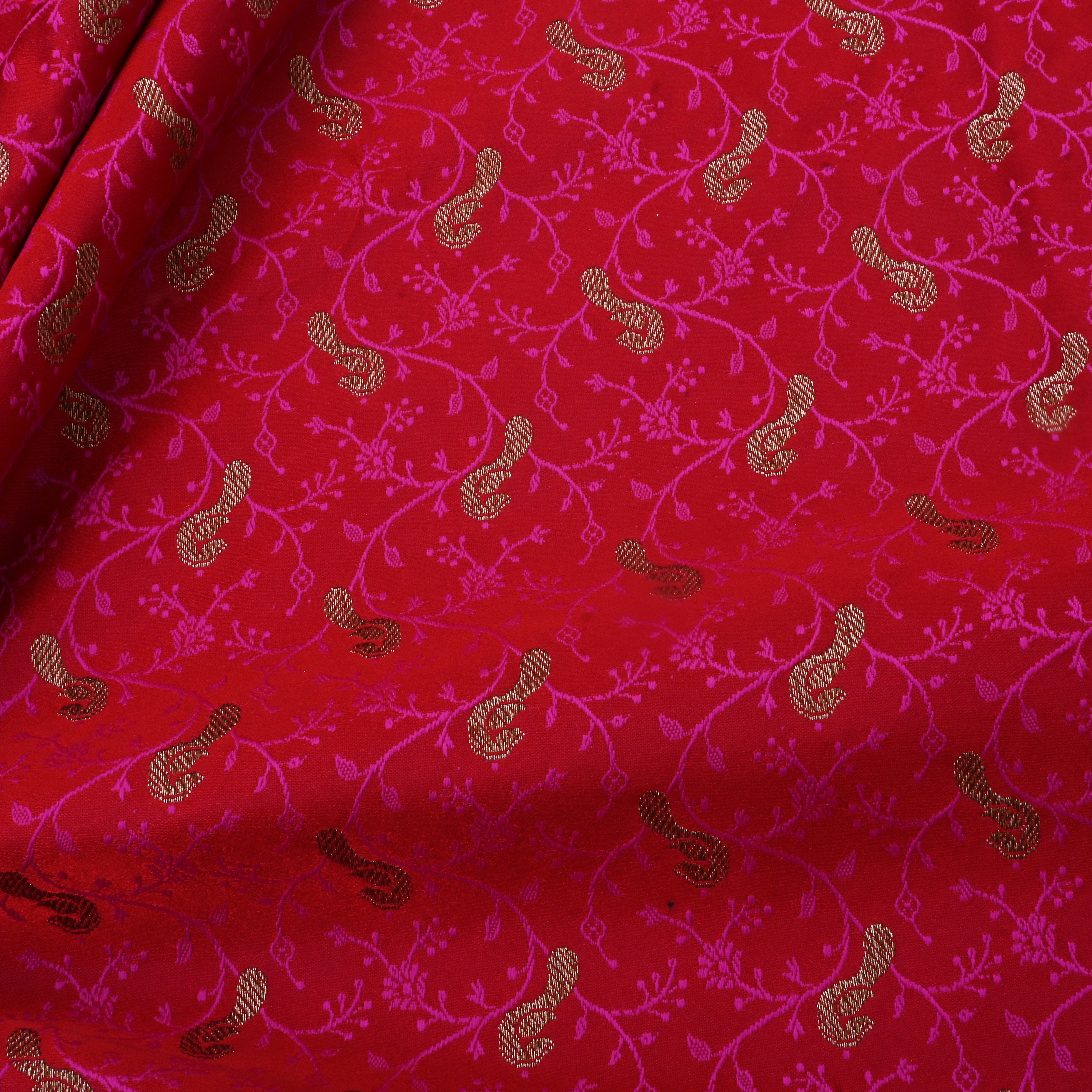 Bright Orange Jamawar Satin Fabric With Buttis
