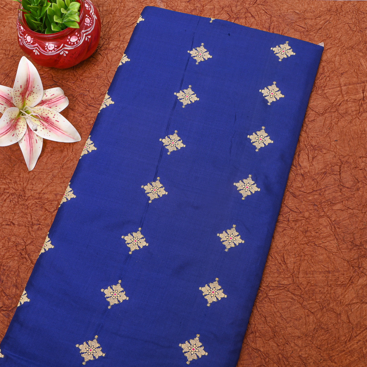 Sapphire Blue Zari Butti Self Weave Jamawar Silk Fabric