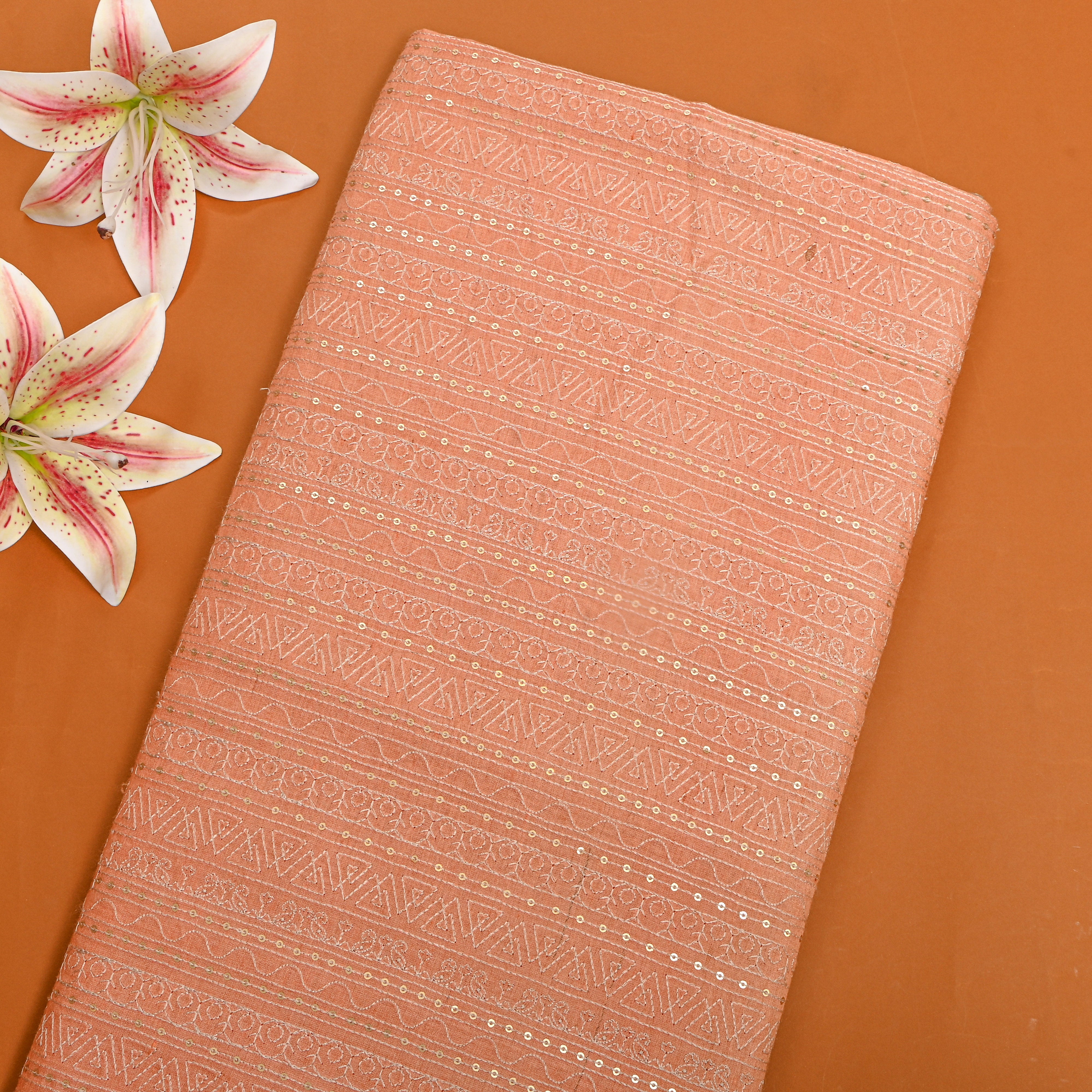 Peach Zari Striped Embroidered Munga Tussar