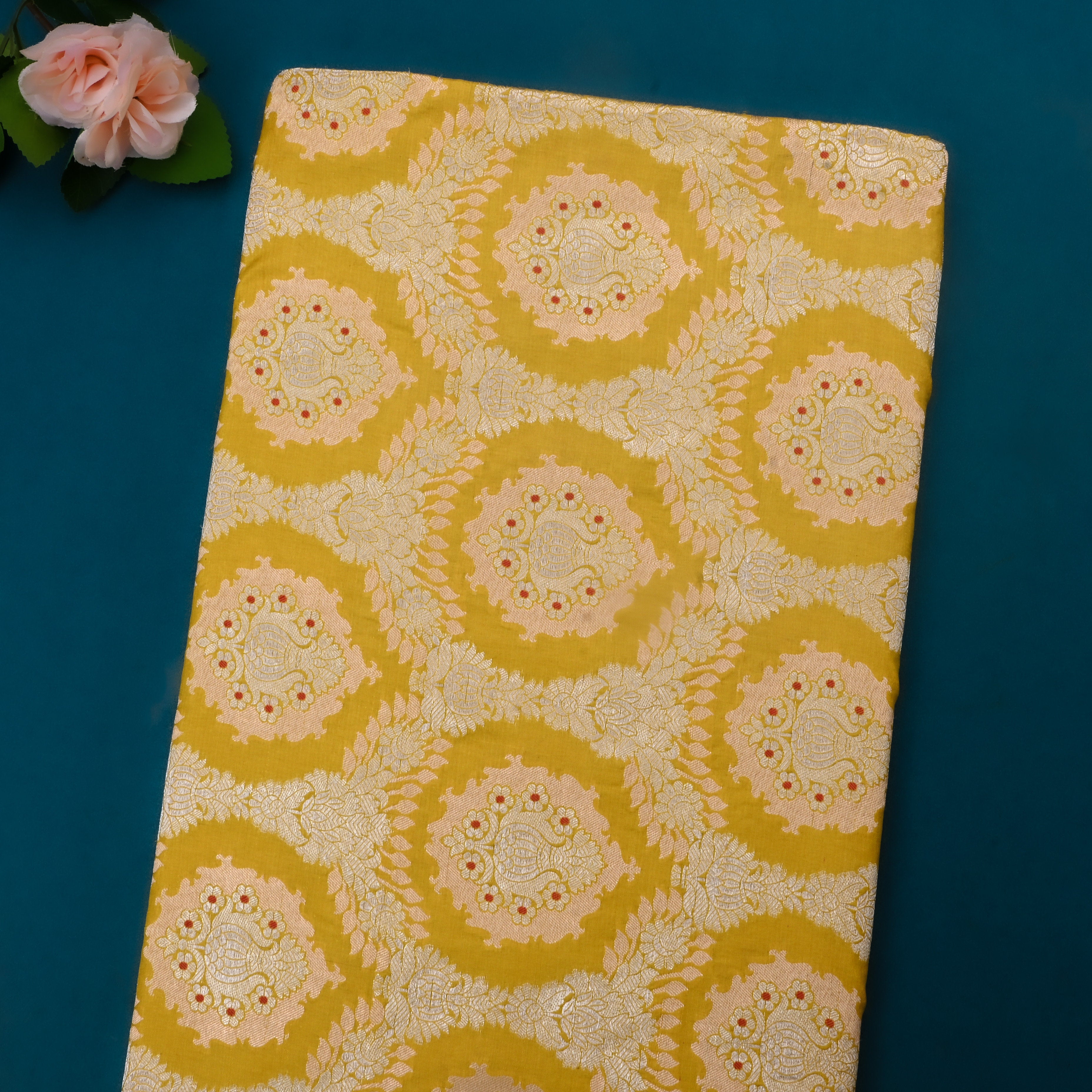 Golden Yellow Jamawar Silk Fabric With Geometric Design