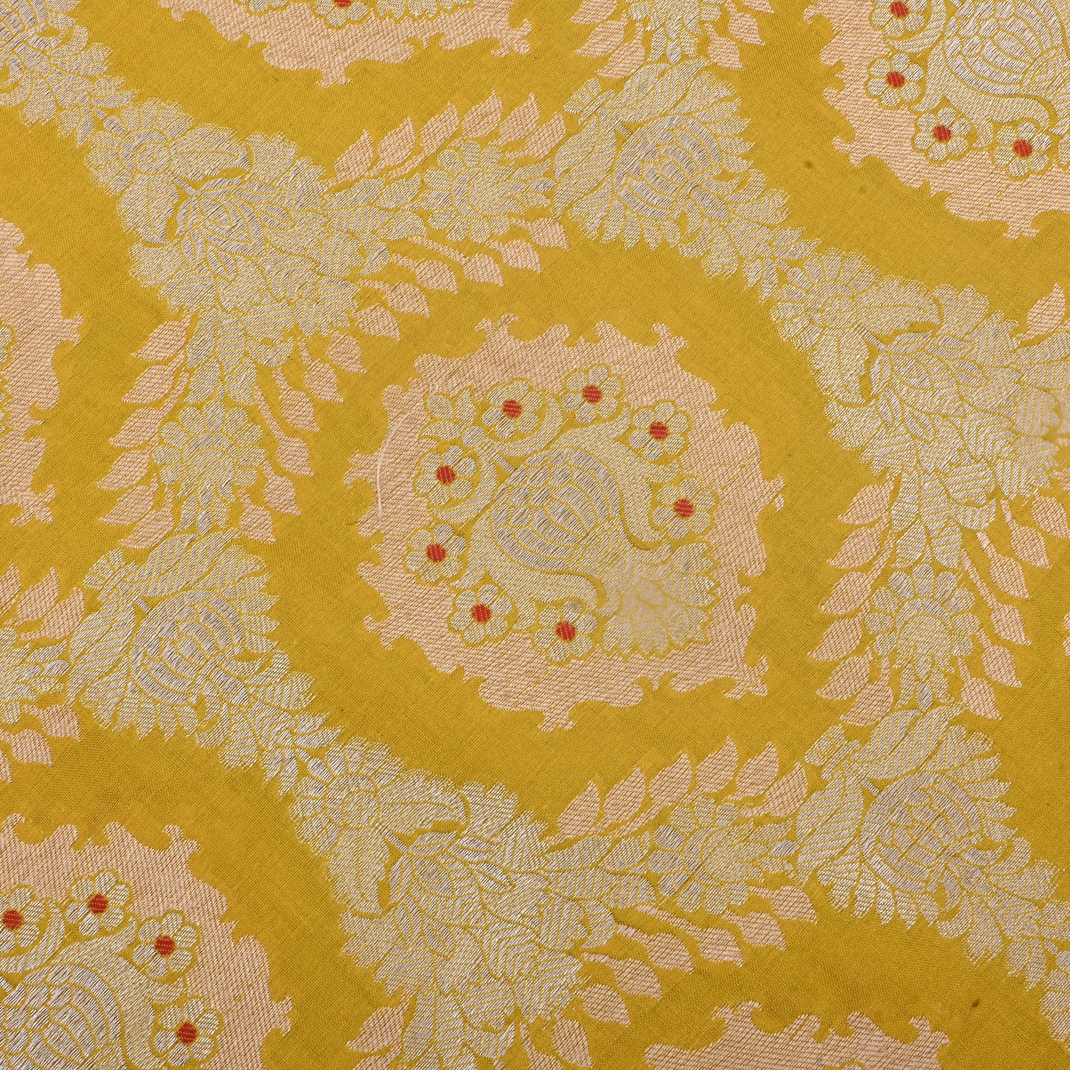 Golden Yellow Jamawar Silk Fabric With Geometric Design