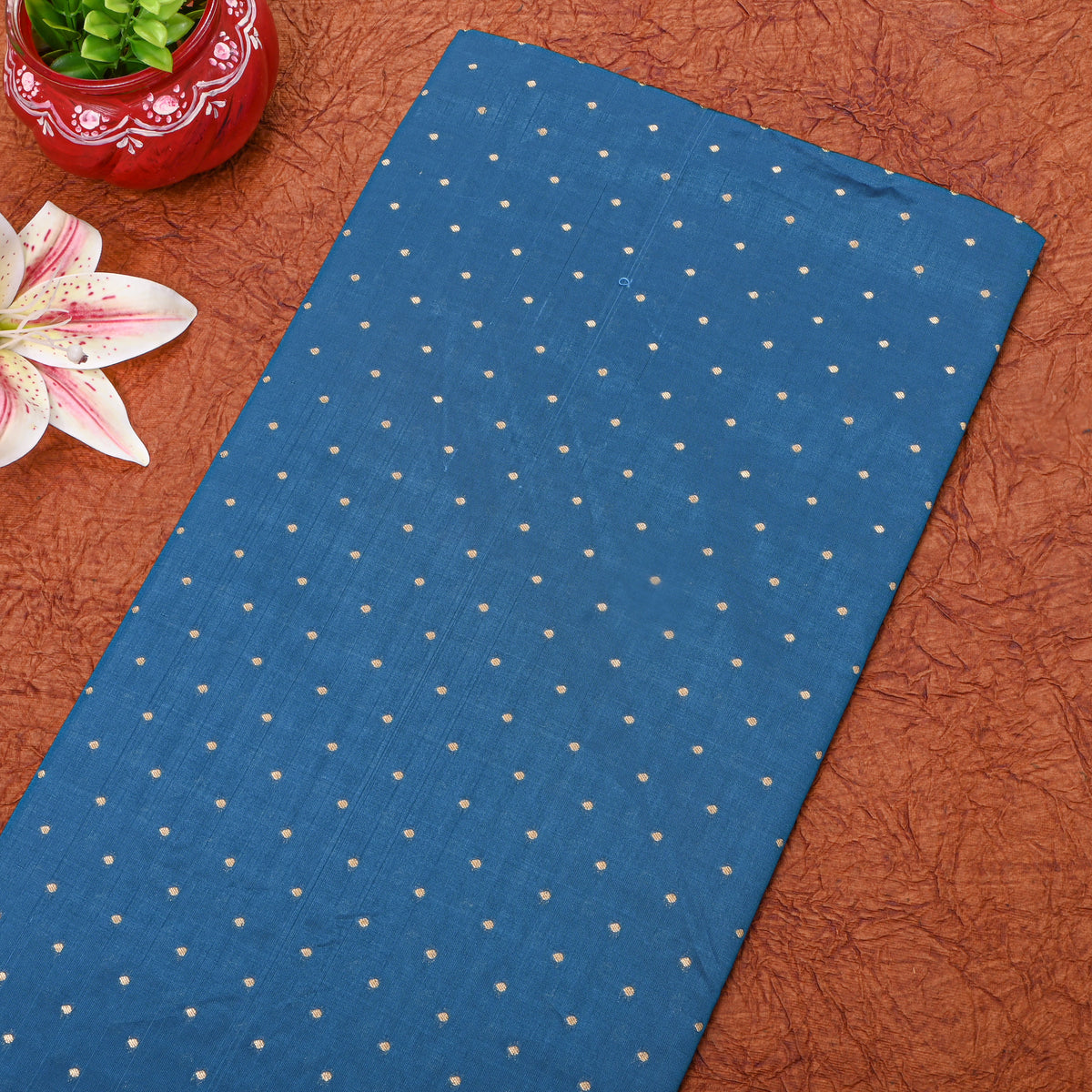 Peacock Blue Gold Zari Butti Jamawar Silk Fabric