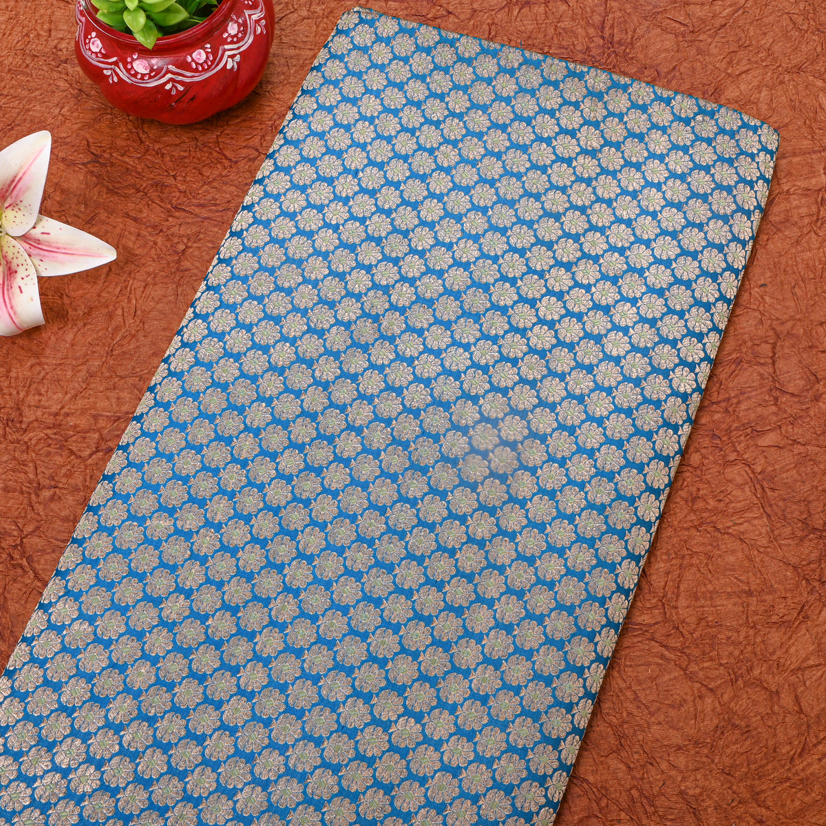 Blue Gold Zari Floral Butti Jamawar Silk Fabric