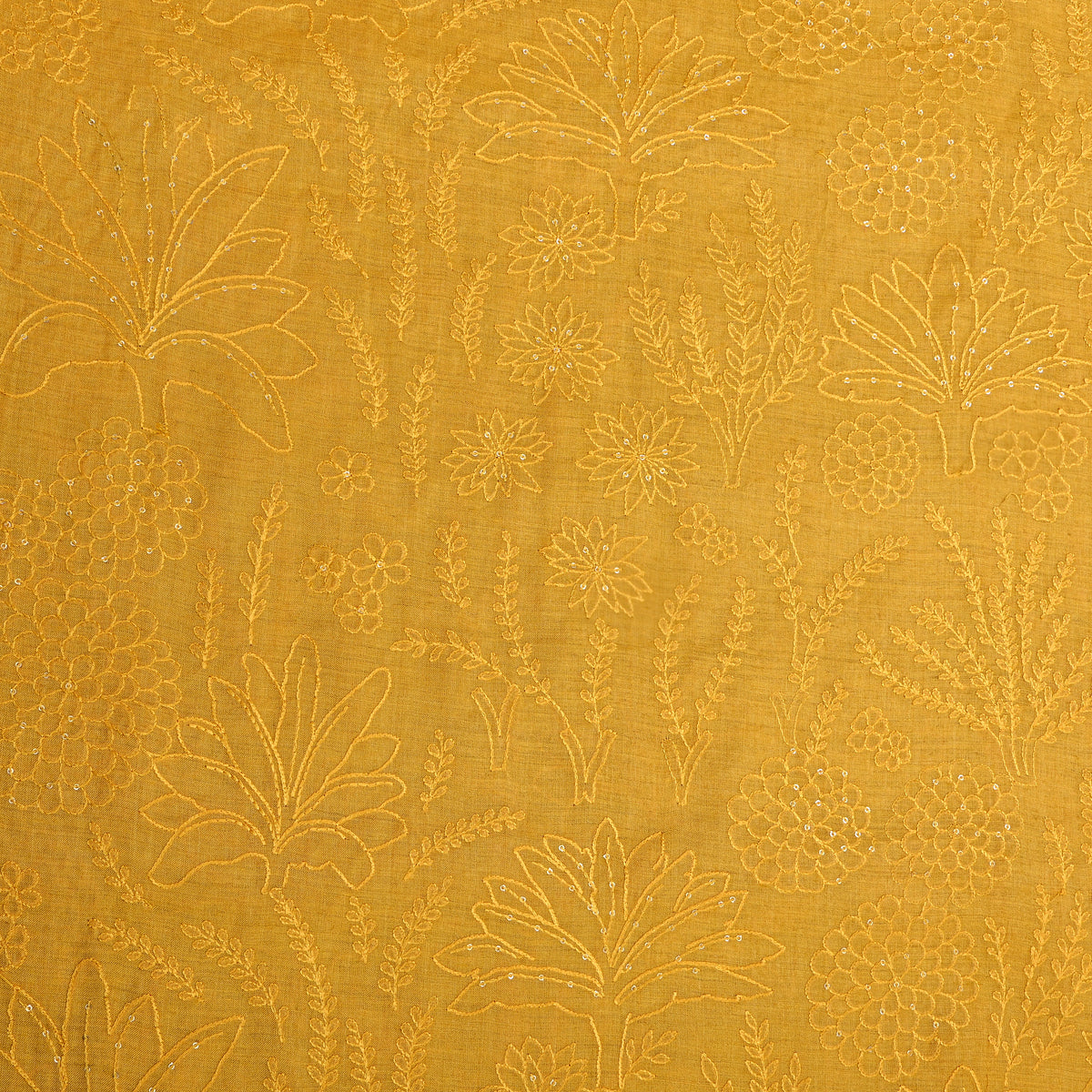 Yellow Sequin Floral Thread Work Munga Tussar Fabric