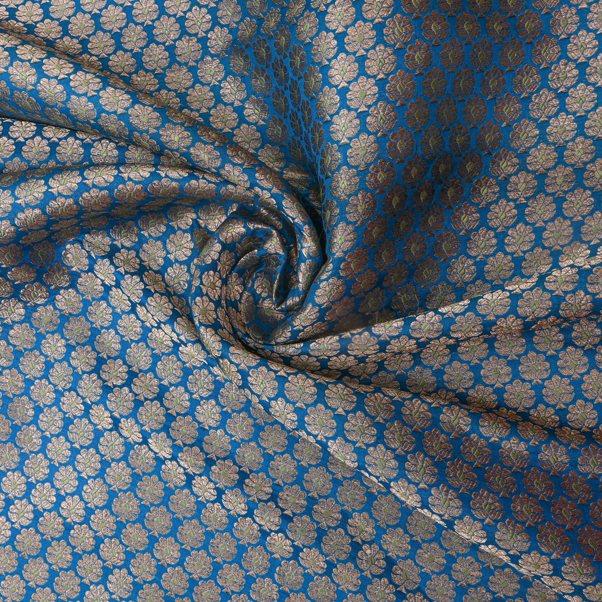 Blue Gold Zari Floral Butti Jamawar Silk Fabric