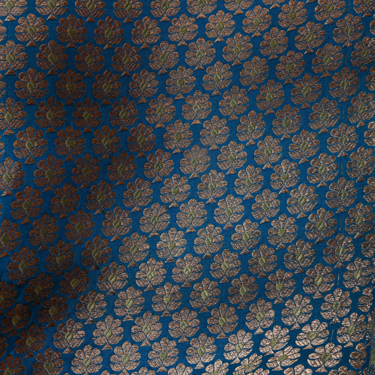 Blue Gold Zari Floral Butti Jamawar Silk Fabric