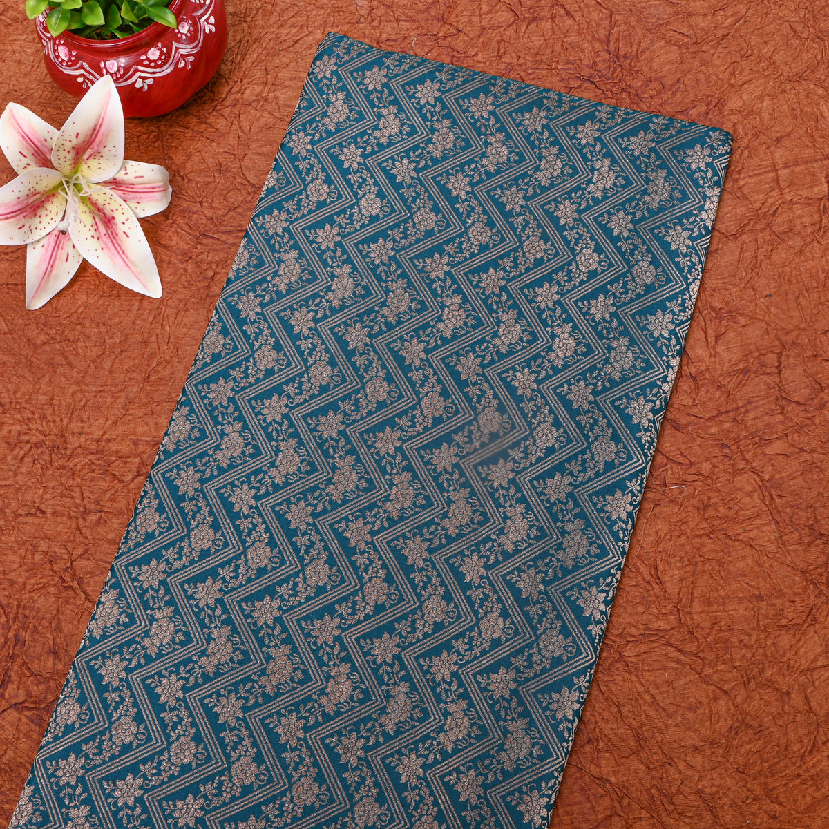 Teal Green Silver Zig Zag Zari Weave Jamawar Silk Fabric