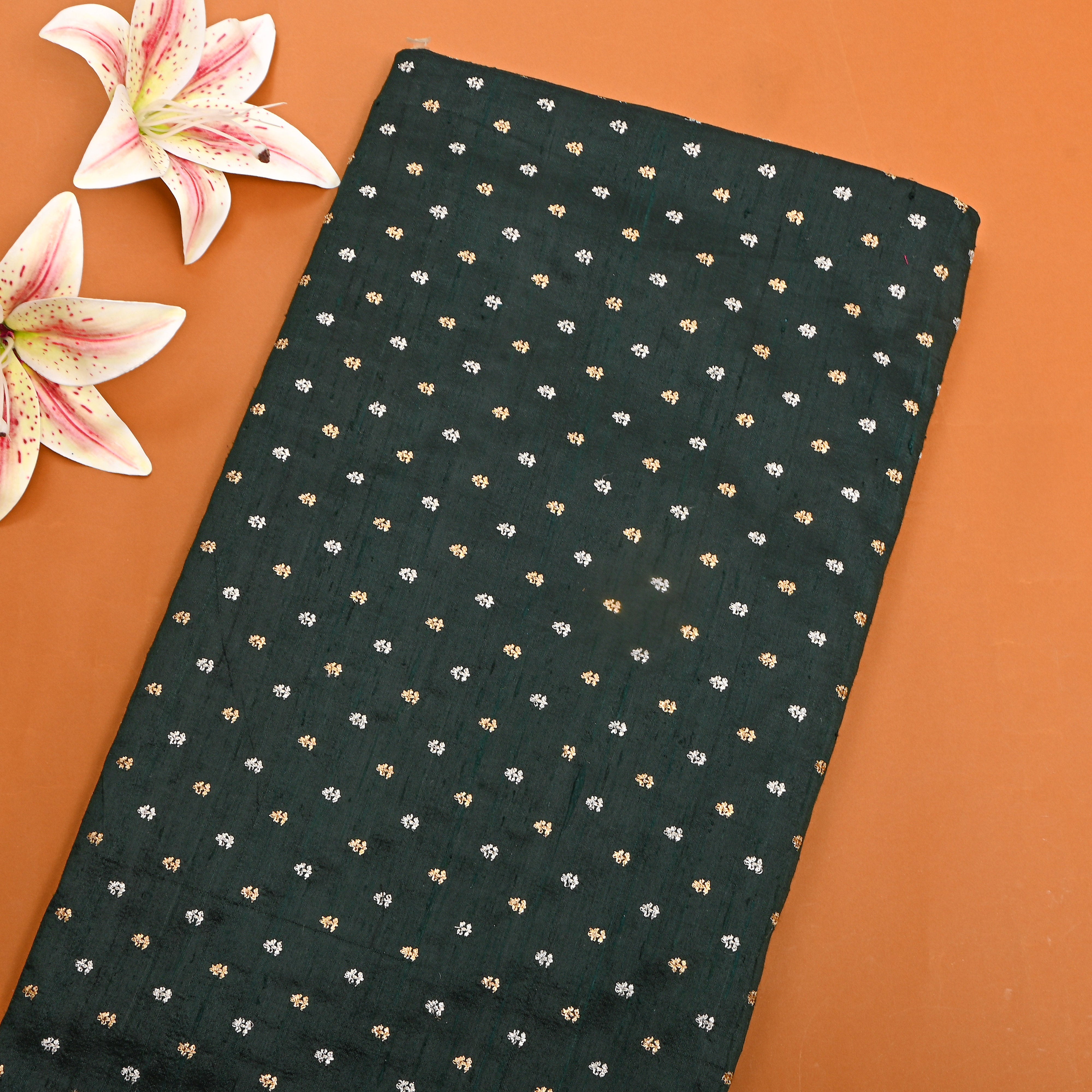 Deep Sap Green Embroidery Raw Silk Fabric