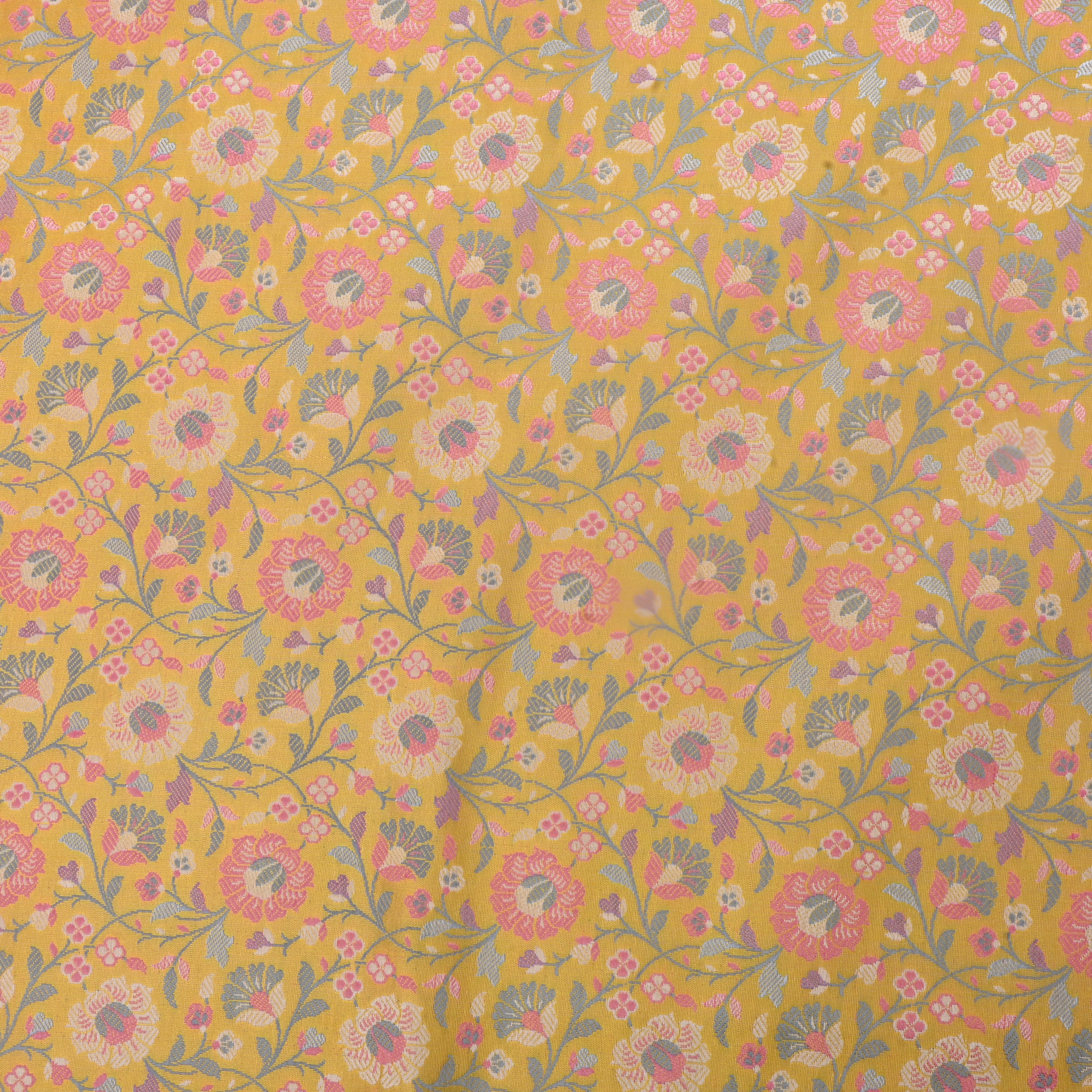 Indian Yellow Jamawar Satin Fabric With Floral Jaal
