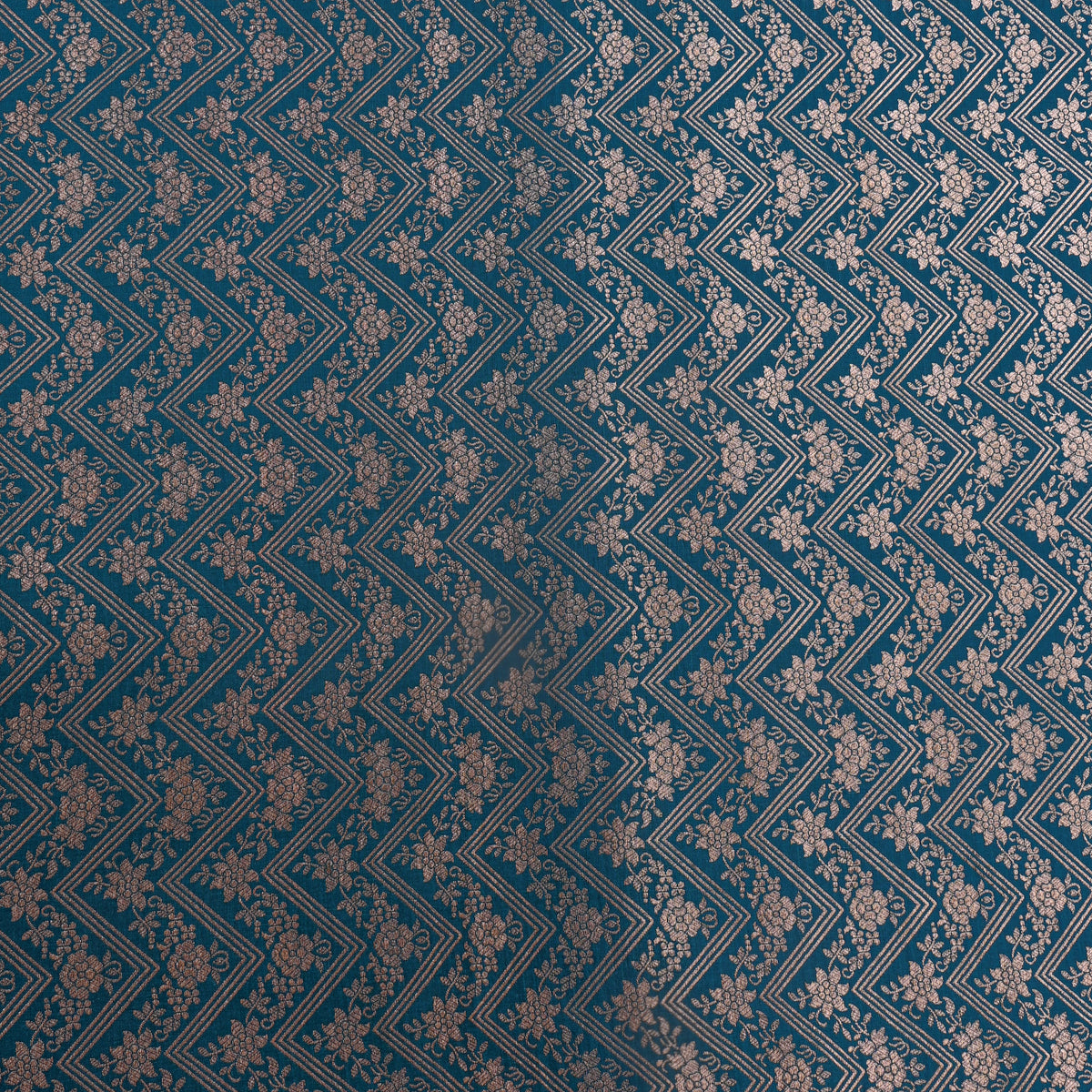 Teal Green Silver Zig Zag Zari Weave Jamawar Silk Fabric