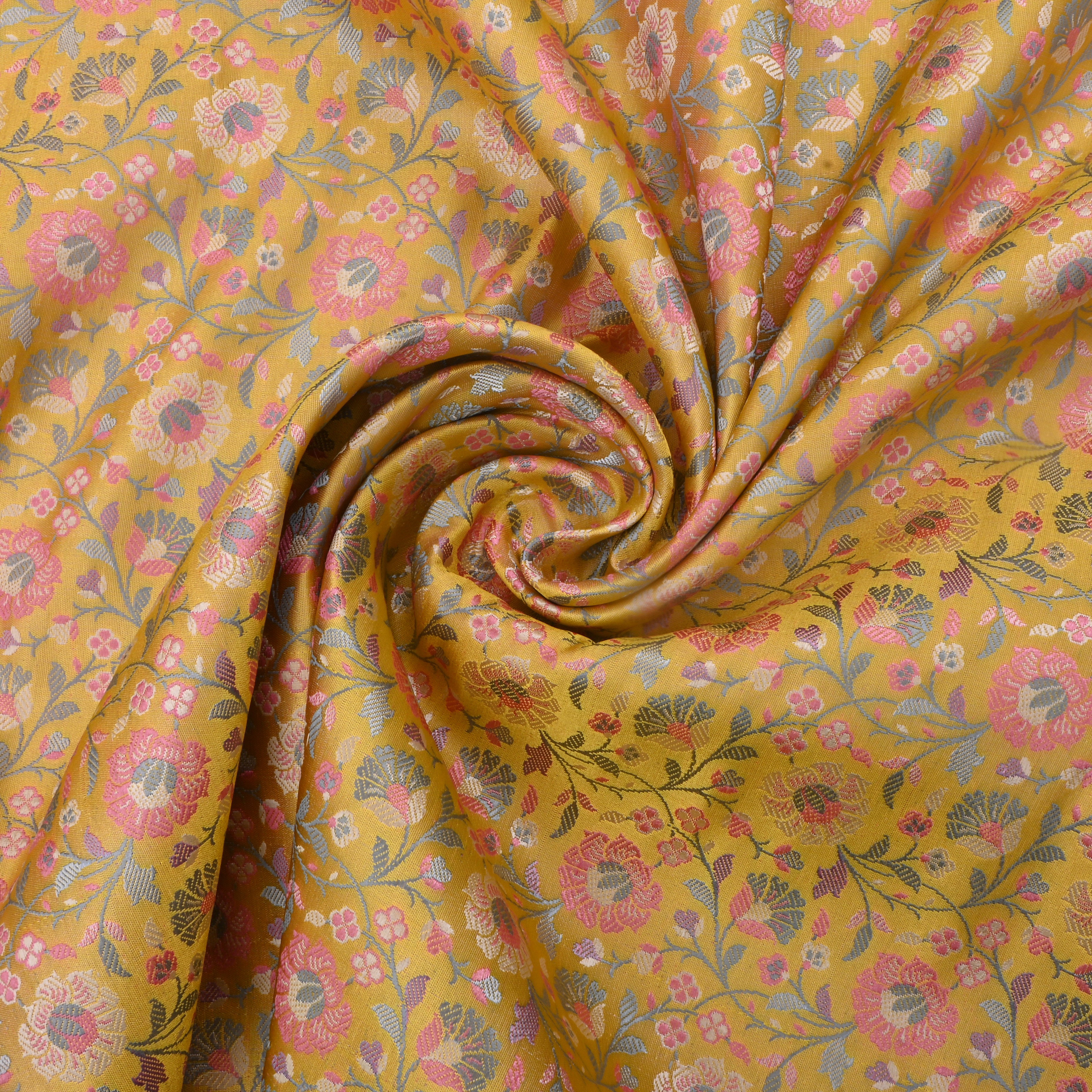 Indian Yellow Jamawar Satin Fabric With Floral Jaal