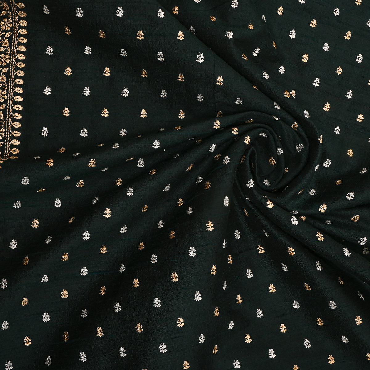 Deep Sap Green Embroidery Raw Silk Fabric