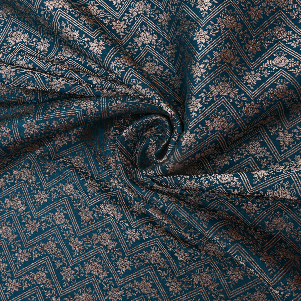 Teal Green Silver Zig Zag Zari Weave Jamawar Silk Fabric