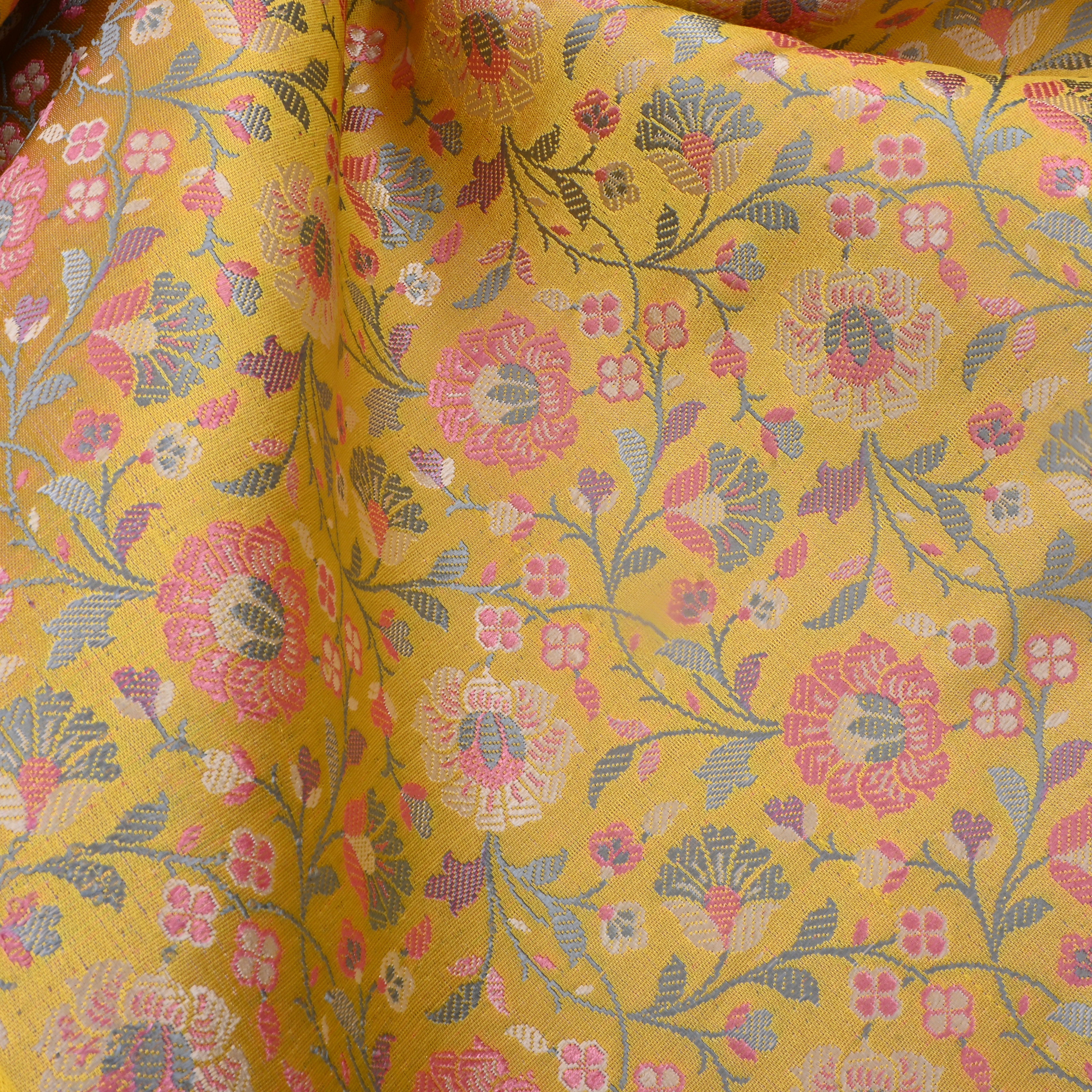 Indian Yellow Jamawar Satin Fabric With Floral Jaal