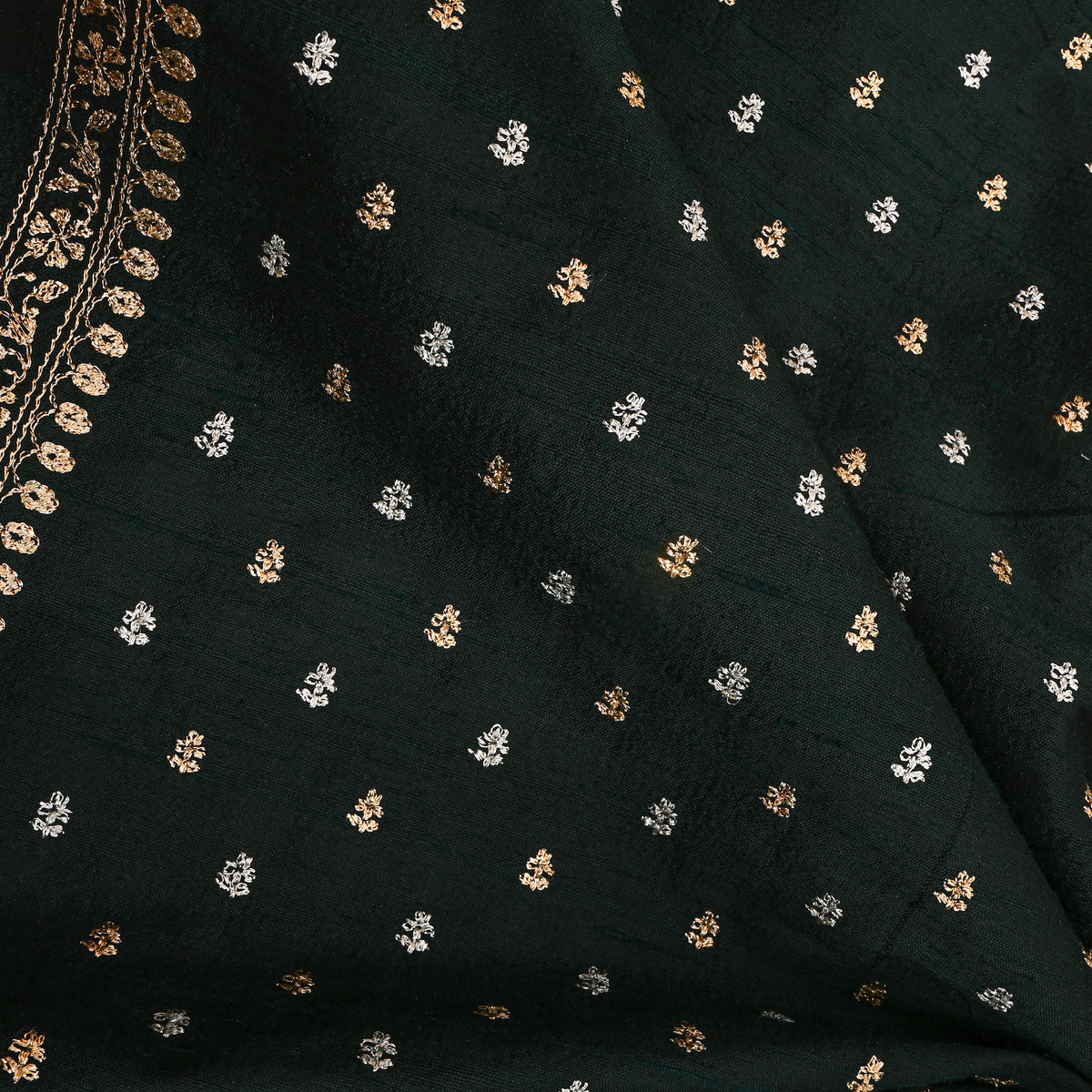 Deep Sap Green Embroidery Raw Silk Fabric