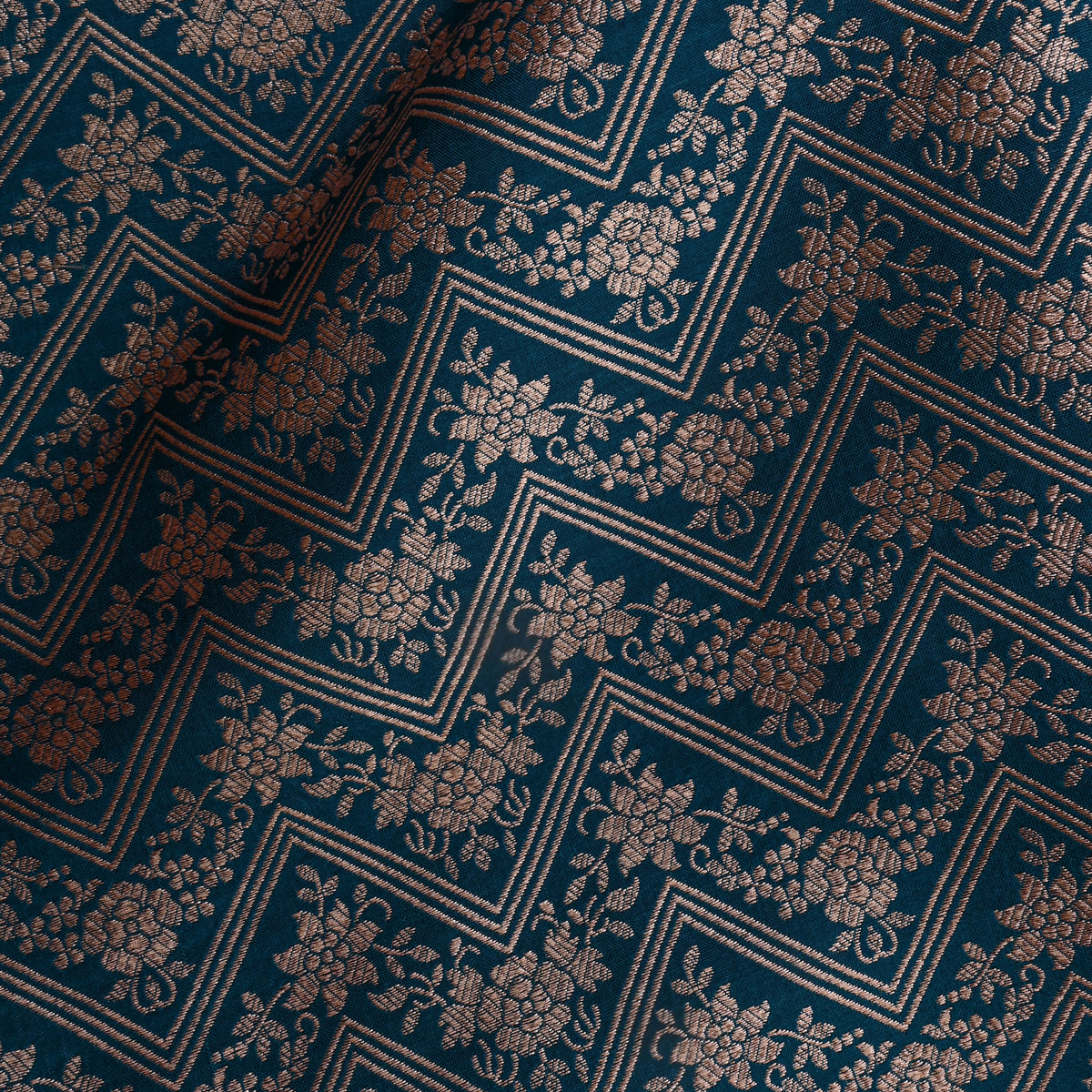 Teal Green Silver Zig Zag Zari Weave Jamawar Silk Fabric
