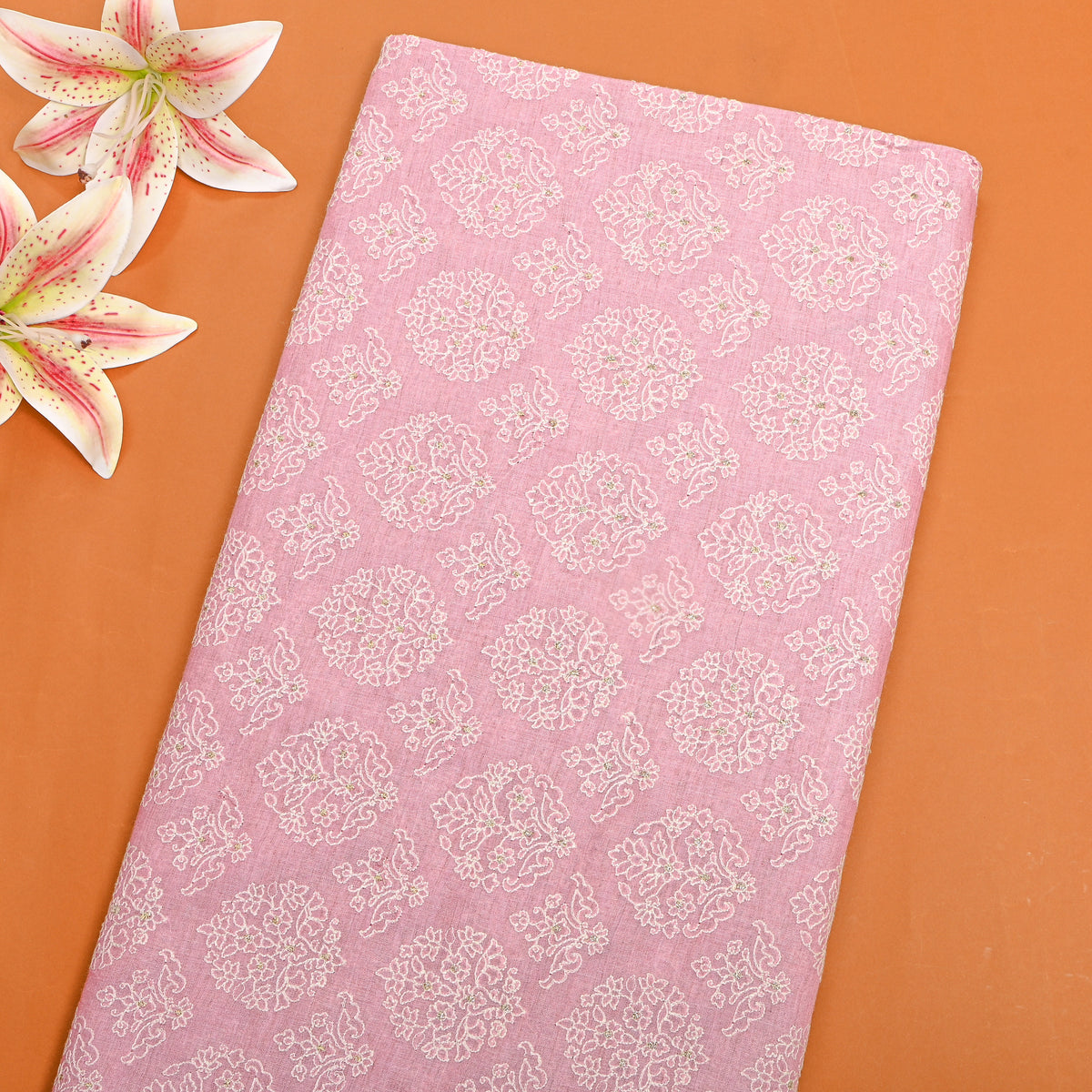 Pink Floral Damask Thread Work Munga Tussa Fabric