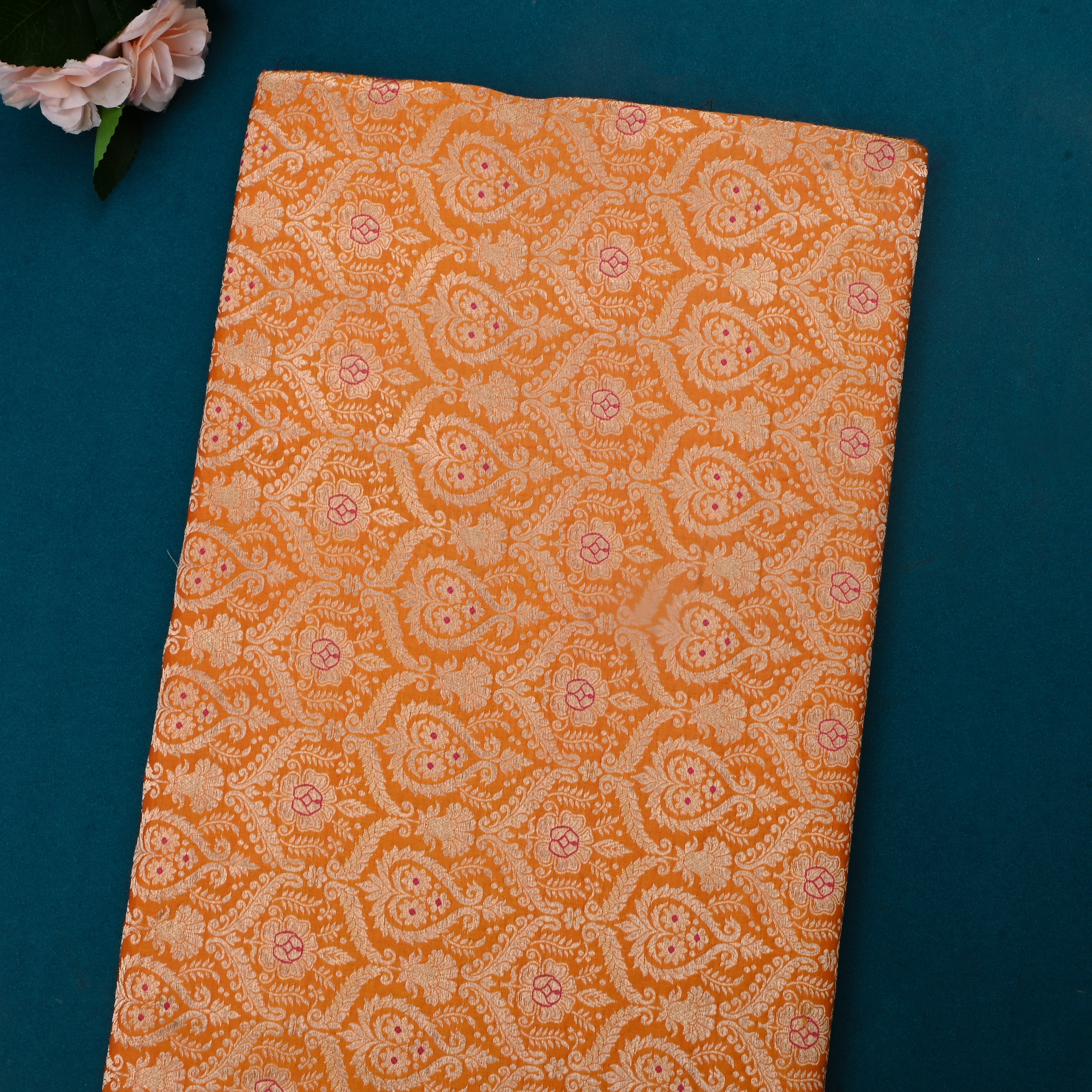 Orange Jamawar Silk Fabric With Woven Pattern