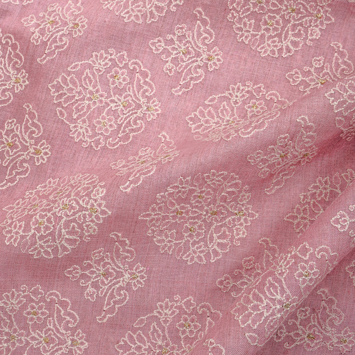 Pink Floral Damask Thread Work Munga Tussa Fabric