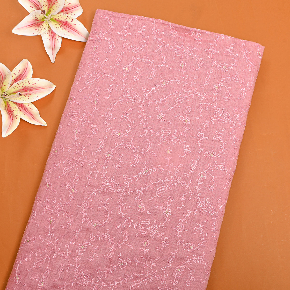 Pink Gold Floral Jaal Thread Work Munga Tussar Fabric