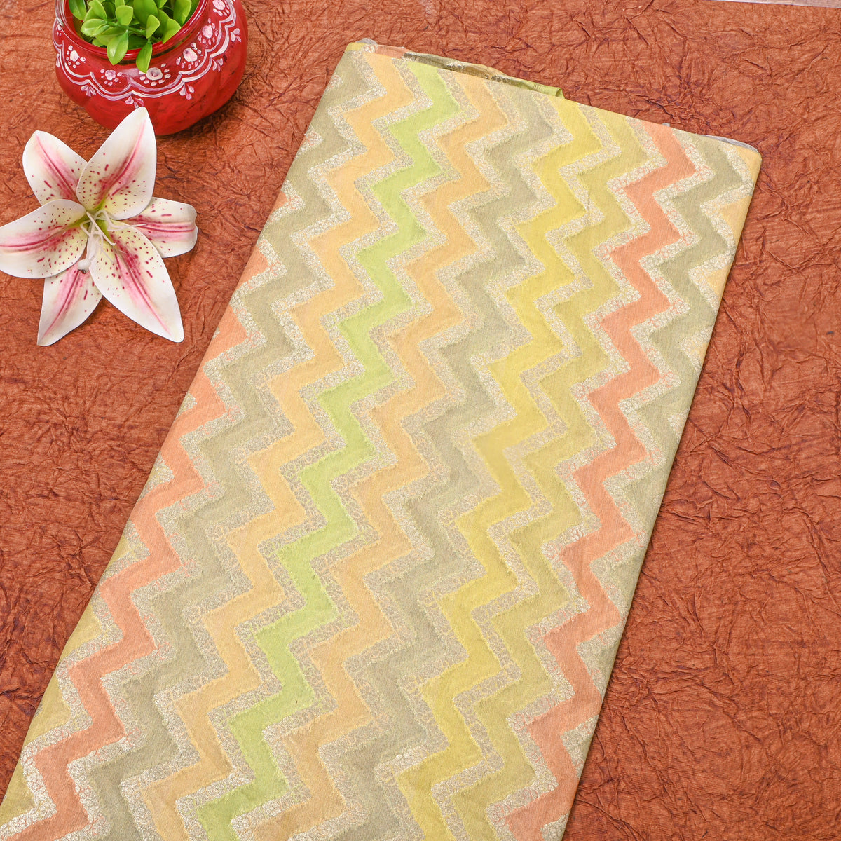 Soft Multicolour Gold Zari Zigzag Rangkat  Banarasi Silk Fabric
