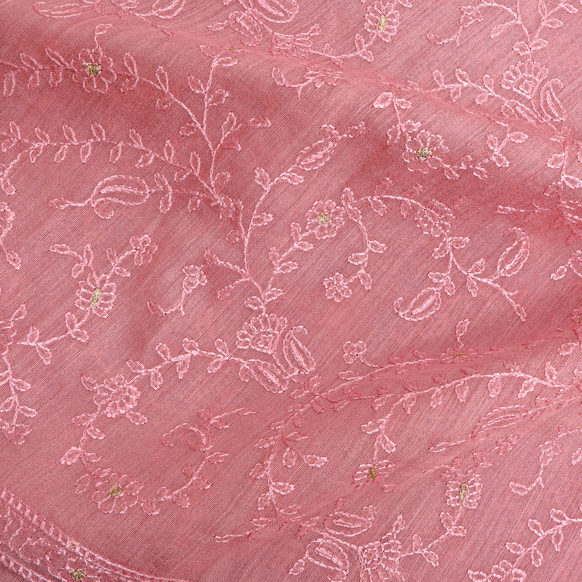 Pink Gold Floral Jaal Thread Work Munga Tussar Fabric