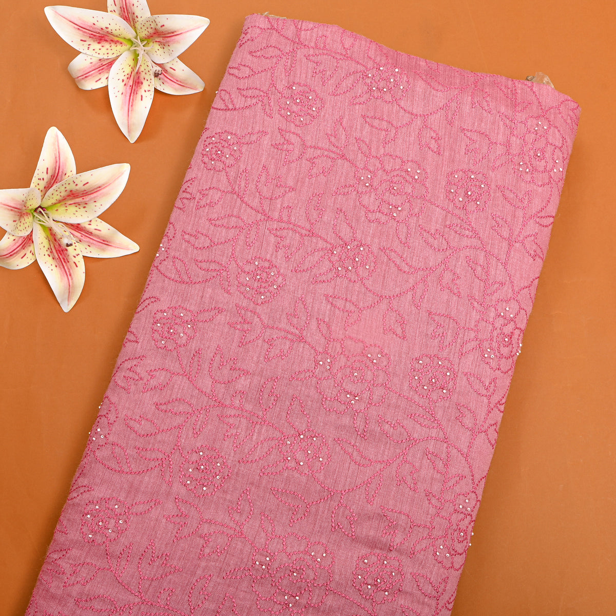 Blush Pink Floral Thread Work Munga Tussar Fabric