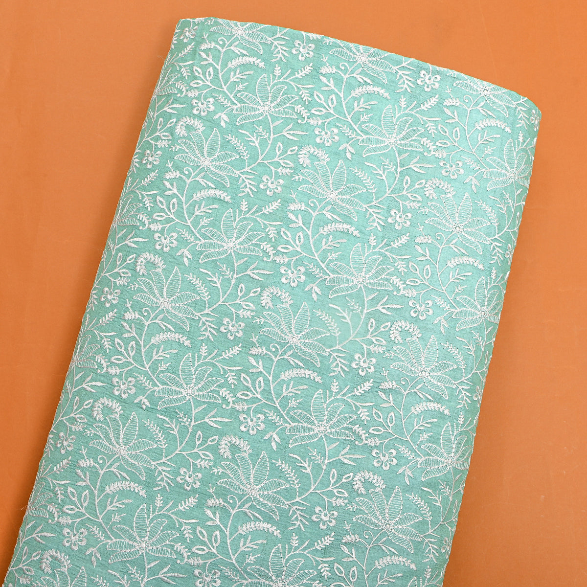 Green Floral Jaal Thread Work Tussar Silk Fabric