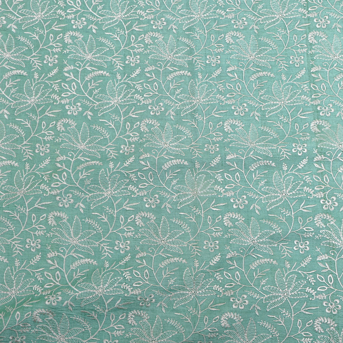 Green Floral Jaal Thread Work Tussar Silk Fabric