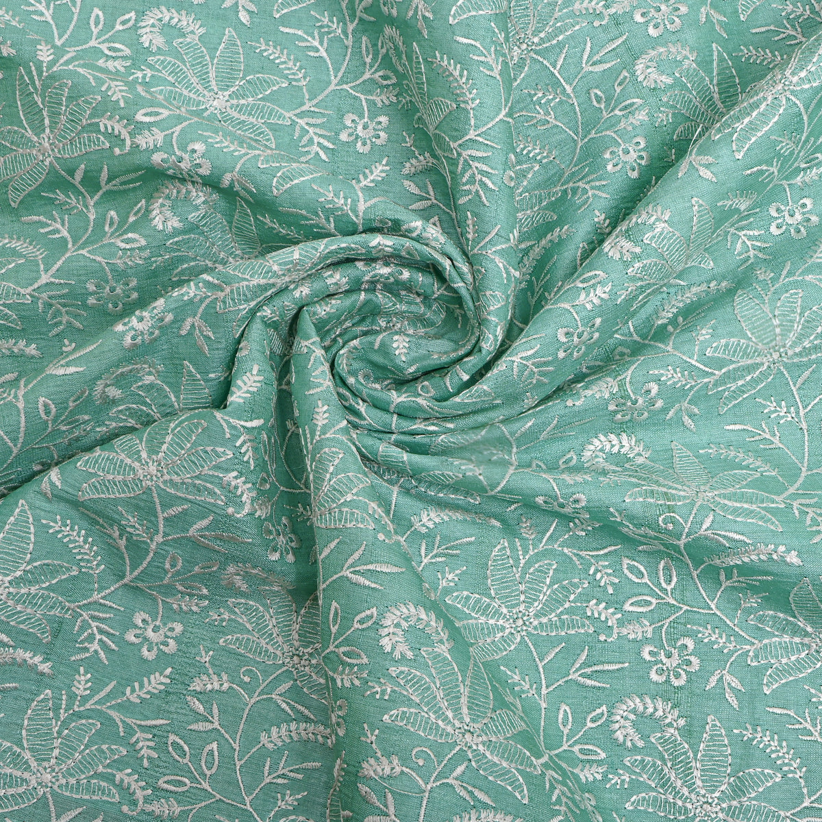 Green Floral Jaal Thread Work Tussar Silk Fabric