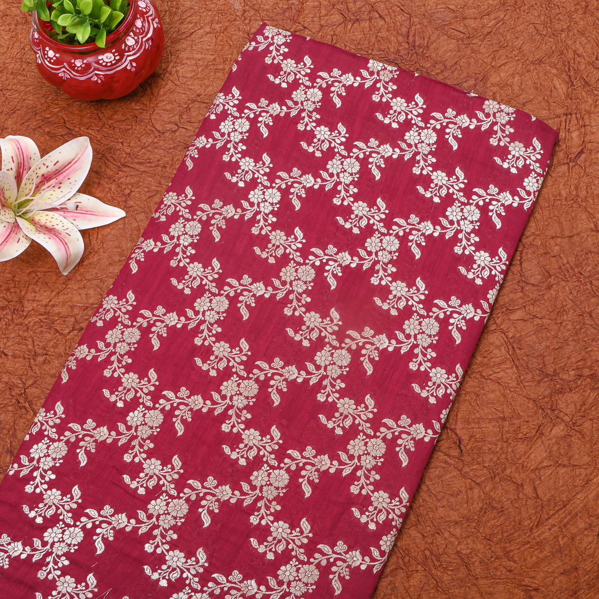 Crimson Red Floral Checks Banarasi Silk Fabric